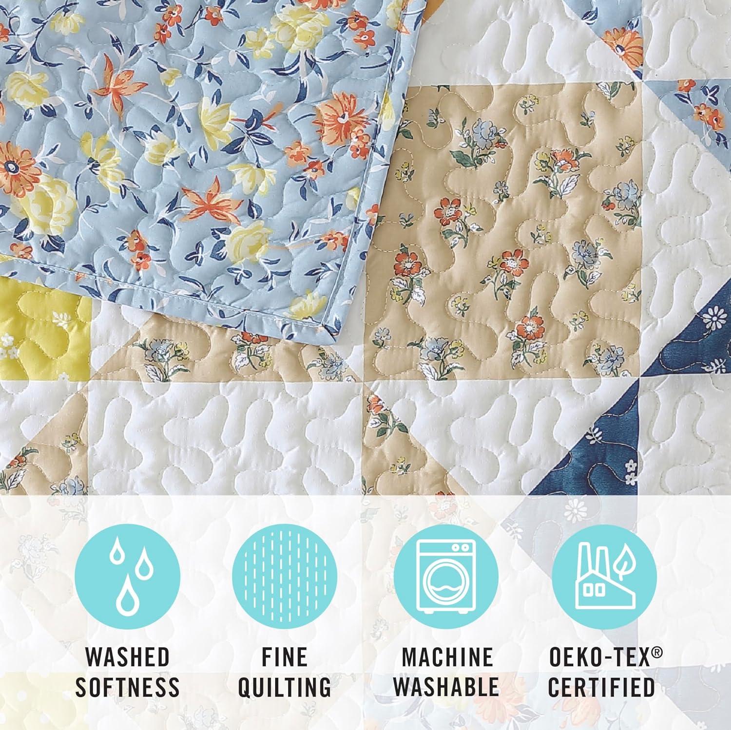 imageMARTHA STEWART Twin Size Quilt Bedding Set 2 Piece Soft Washed Microfiber Printed Bedspread Reversible All Season 1 Quilt 1 Standard Pillow Sham Blue White ampamp Red Painted Floral PrintKite Ditsy Patchwork