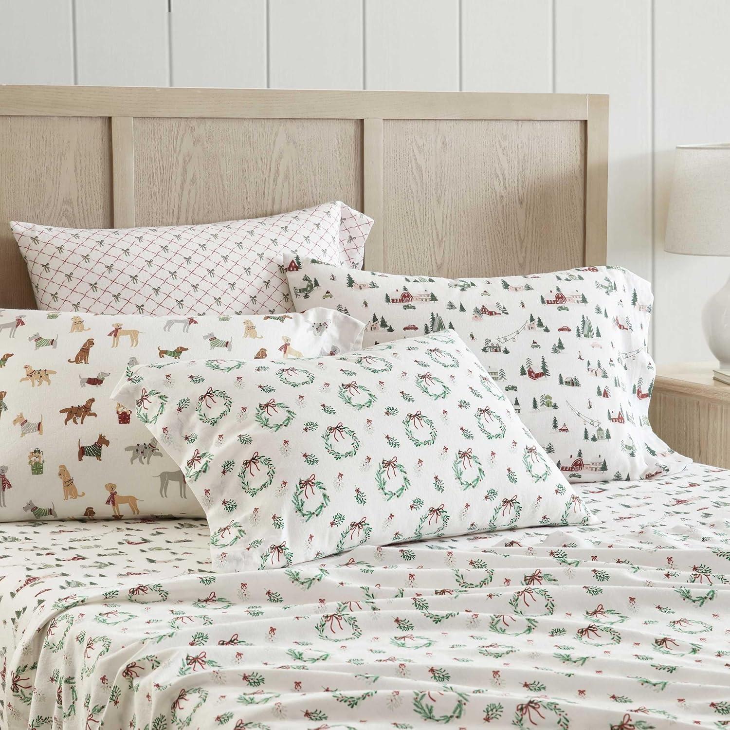 imageMartha Stewart Flannel Sheets Full Size AntiPilling ampamp Wrinkle Resistant Cotton Touchably Soft for AllSeason Comfort Bed Sheets with Matching Pillowcases ampamp Fitted Sheet Holiday Bows RedSki Village Green
