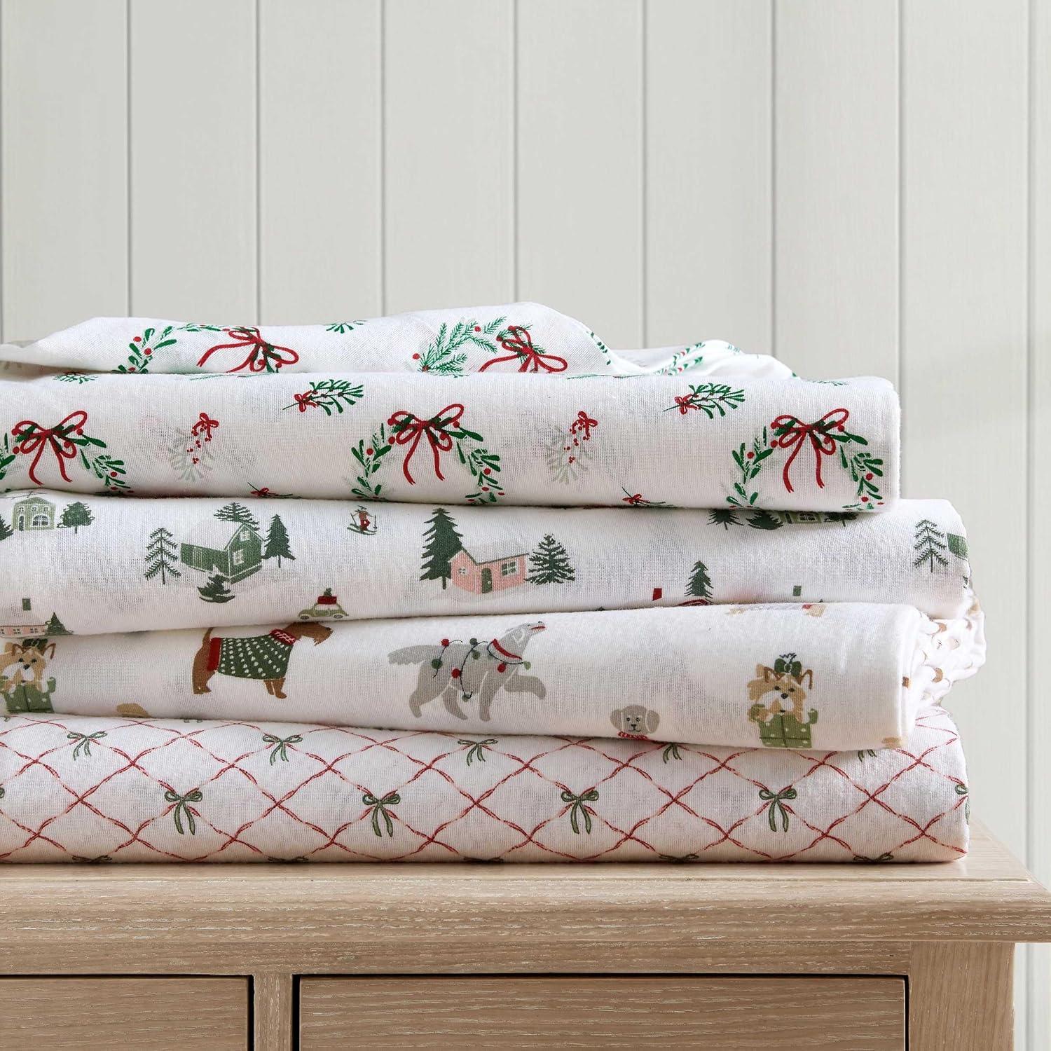 imageMartha Stewart Flannel Sheets Full Size AntiPilling ampamp Wrinkle Resistant Cotton Touchably Soft for AllSeason Comfort Bed Sheets with Matching Pillowcases ampamp Fitted Sheet Holiday Bows RedHoliday Pups Brown