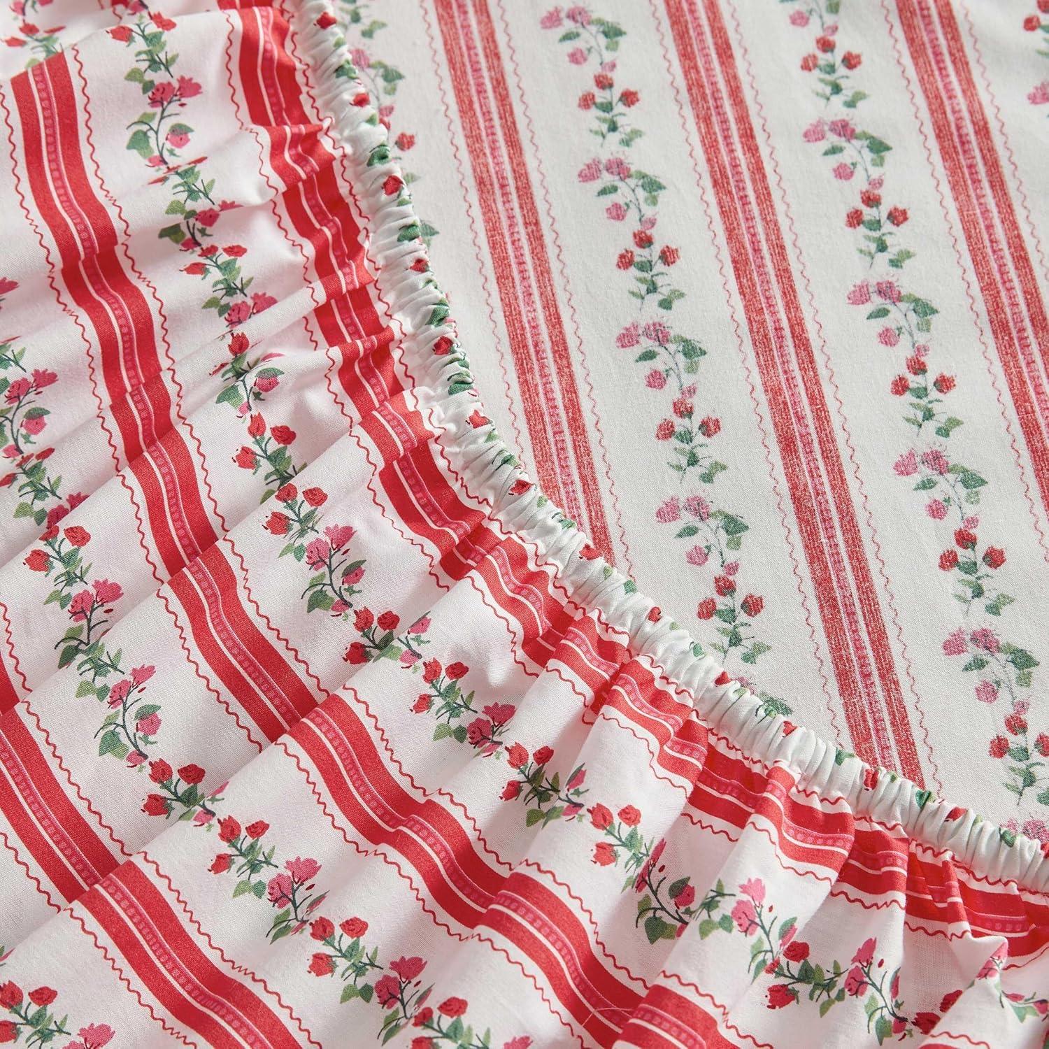 imageMartha Stewart Full Size Sheets Set Crisp ampamp Tailored Cooling Sheets wa Naturally Smooth Cotton Percale Lightweight Feel Bed Sheets with Matching Pillowcases ampamp Fitted Sheet Stripe BlueRose Ribbon Red