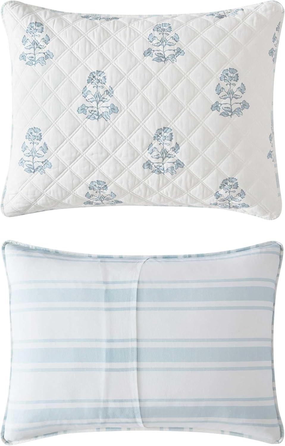 imageMartha Stewart Queen Quilt Set 100 Cotton Reversible Bedding Set Incredibly Soft Feel for Year Round Comfort 3 Piece Bed Set with Matching Pillowcases Flower Block Print BlueFlower Block Blue
