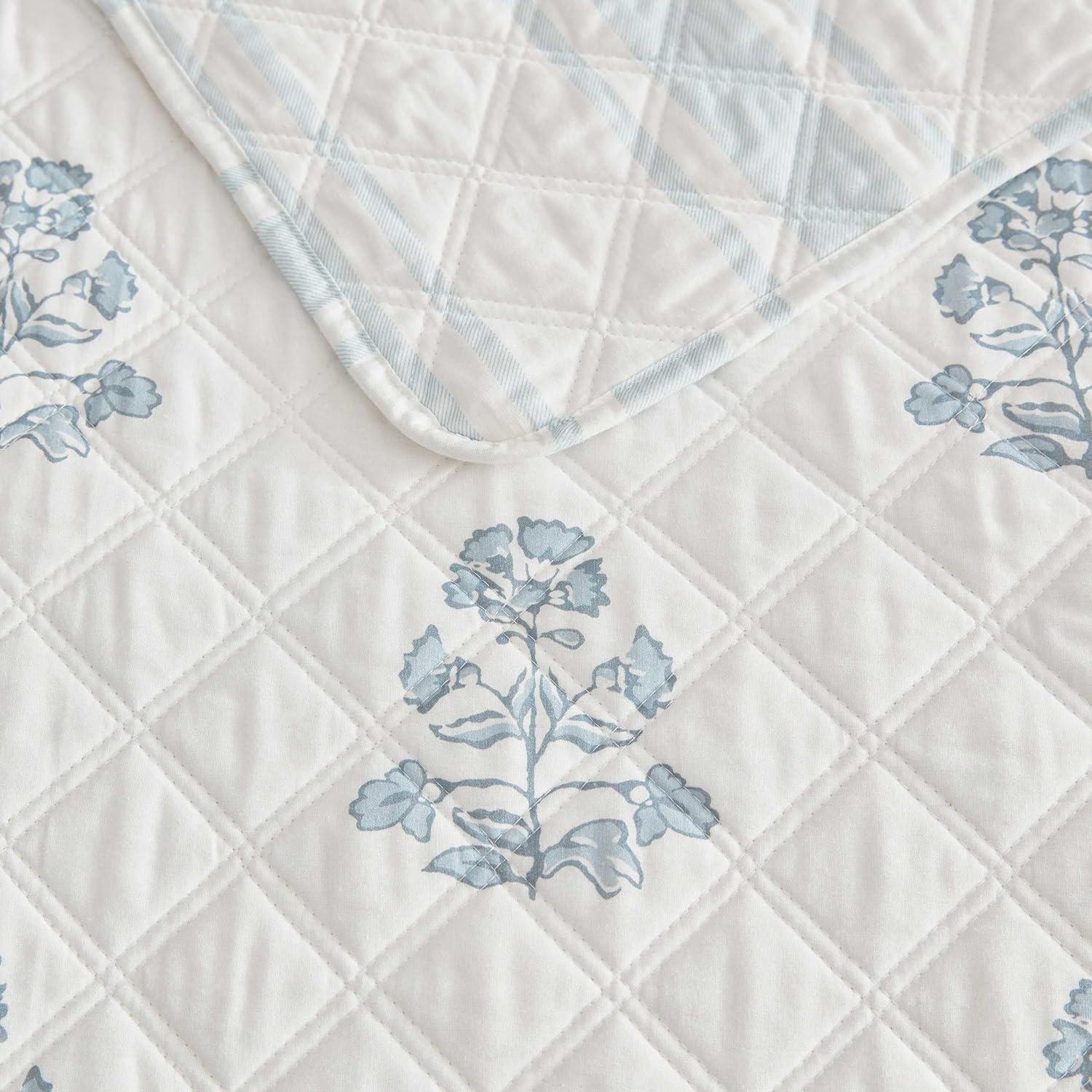 imageMartha Stewart Queen Quilt Set 100 Cotton Reversible Bedding Set Incredibly Soft Feel for Year Round Comfort 3 Piece Bed Set with Matching Pillowcases Flower Block Print BlueFlower Block Blue