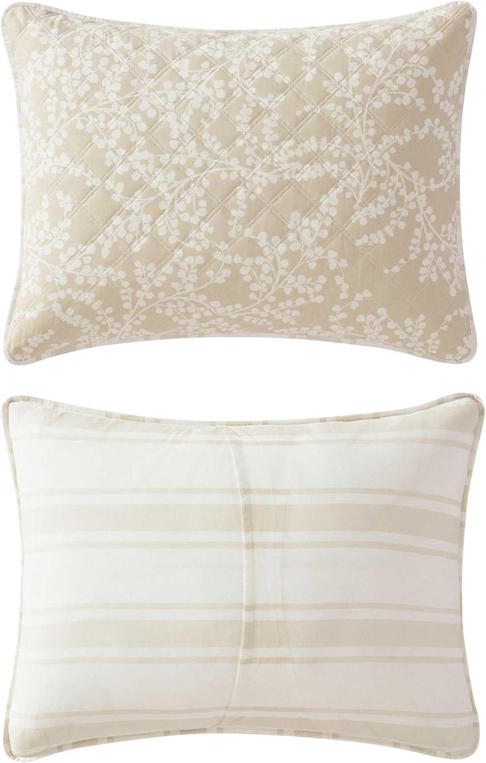 imageMartha Stewart Queen Quilt Set 100 Cotton Reversible Bedding Set Incredibly Soft Feel for Year Round Comfort 3 Piece Bed Set with Matching Pillowcases Flower Block Print BlueLayered Branches Beige