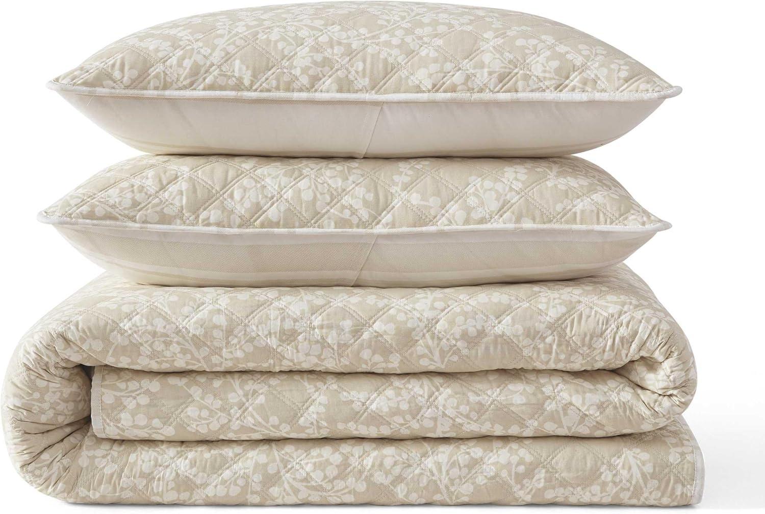 imageMartha Stewart Queen Quilt Set 100 Cotton Reversible Bedding Set Incredibly Soft Feel for Year Round Comfort 3 Piece Bed Set with Matching Pillowcases Flower Block Print BlueLayered Branches Beige