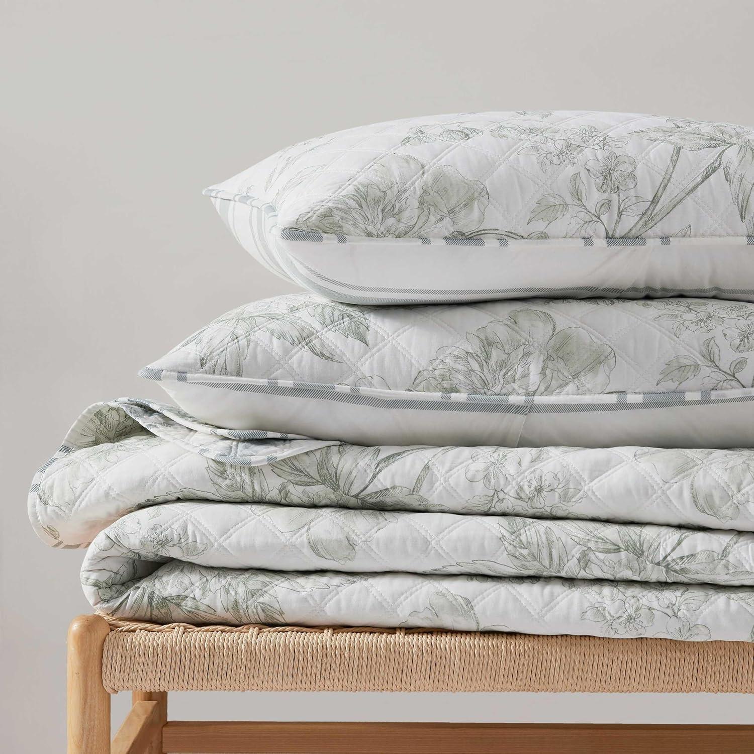 imageMartha Stewart Queen Quilt Set 100 Cotton Reversible Bedding Set Incredibly Soft Feel for Year Round Comfort 3 Piece Bed Set with Matching Pillowcases Flower Block Print BlueVine Flora Green