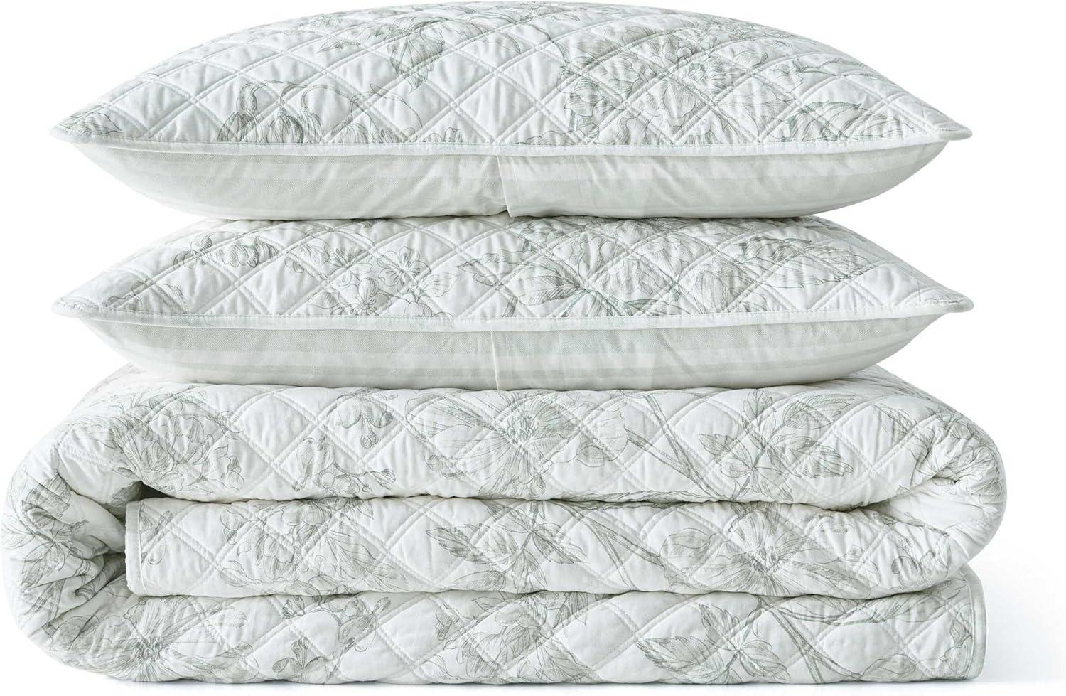 imageMartha Stewart Queen Quilt Set 100 Cotton Reversible Bedding Set Incredibly Soft Feel for Year Round Comfort 3 Piece Bed Set with Matching Pillowcases Flower Block Print BlueVine Flora Green