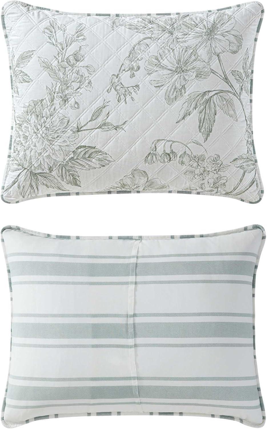 imageMartha Stewart Queen Quilt Set 100 Cotton Reversible Bedding Set Incredibly Soft Feel for Year Round Comfort 3 Piece Bed Set with Matching Pillowcases Flower Block Print BlueVine Flora Green