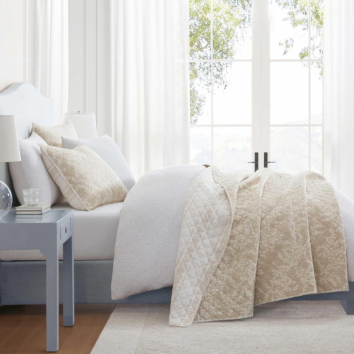 imageMartha Stewart Queen Quilt Set 100 Cotton Reversible Bedding Set Incredibly Soft Feel for Year Round Comfort 3 Piece Bed Set with Matching Pillowcases Flower Block Print BlueLayered Branches Beige