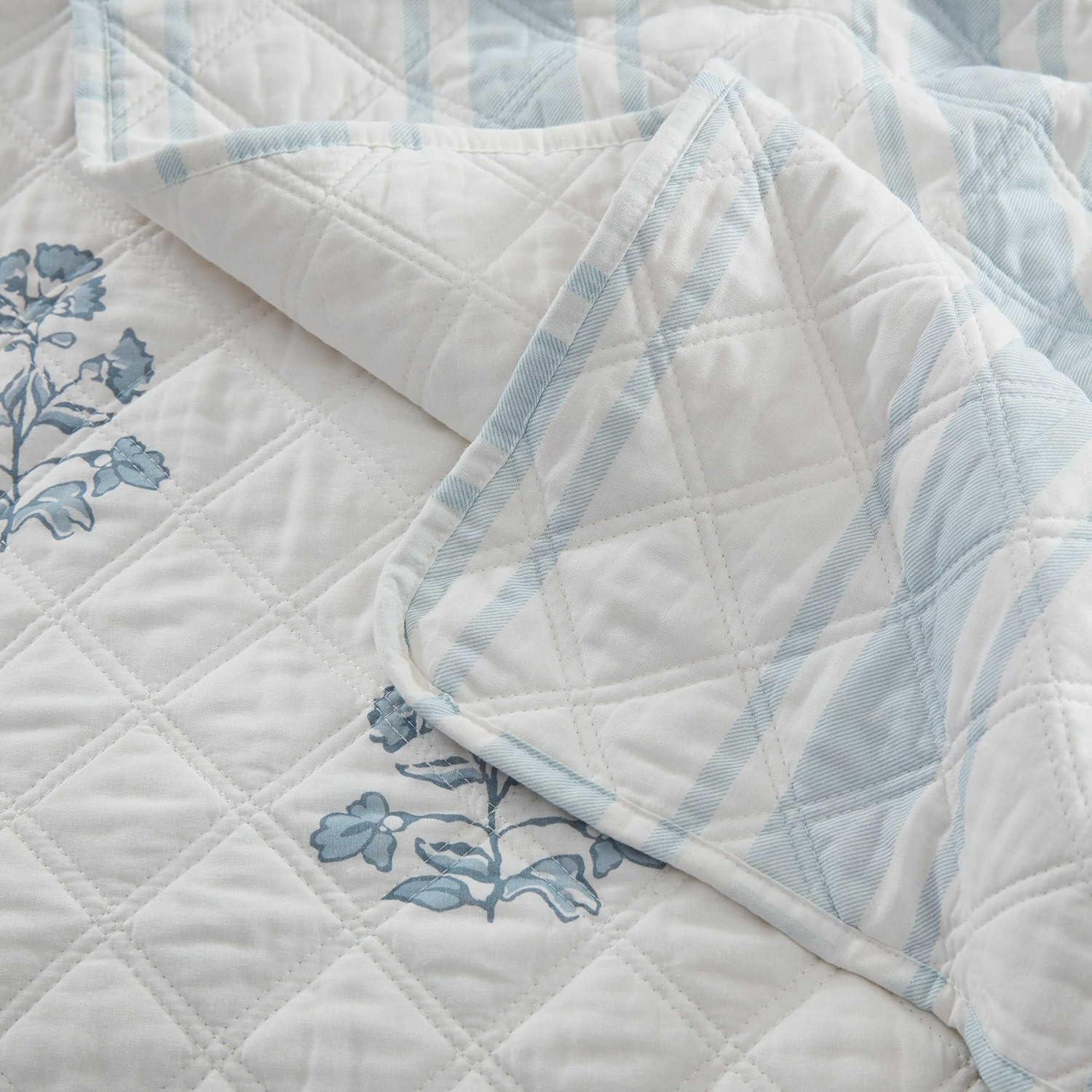 imageMartha Stewart Queen Quilt Set 100 Cotton Reversible Bedding Set Incredibly Soft Feel for Year Round Comfort 3 Piece Bed Set with Matching Pillowcases Flower Block Print BlueFlower Block Blue