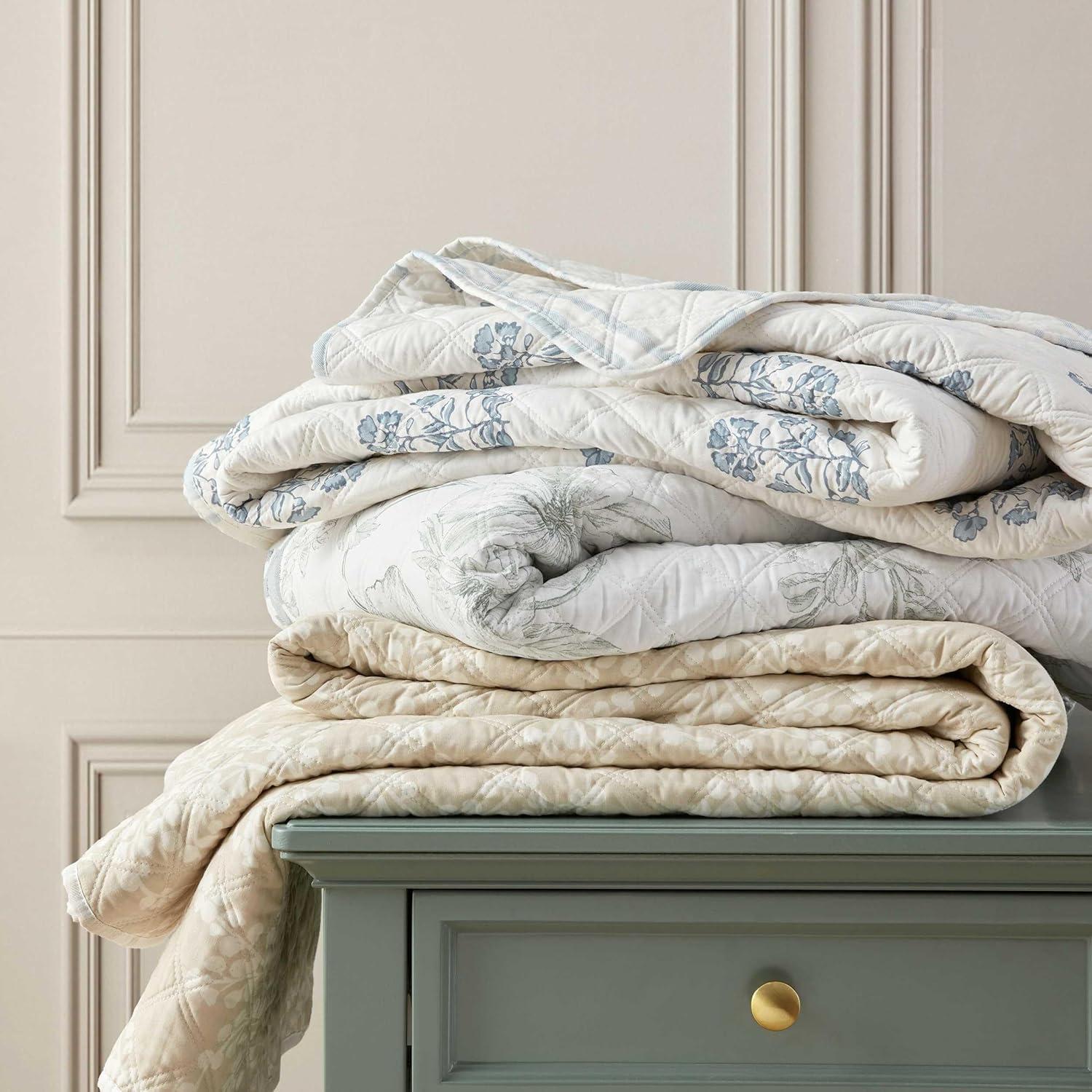 imageMartha Stewart Queen Quilt Set 100 Cotton Reversible Bedding Set Incredibly Soft Feel for Year Round Comfort 3 Piece Bed Set with Matching Pillowcases Flower Block Print BlueLayered Branches Beige