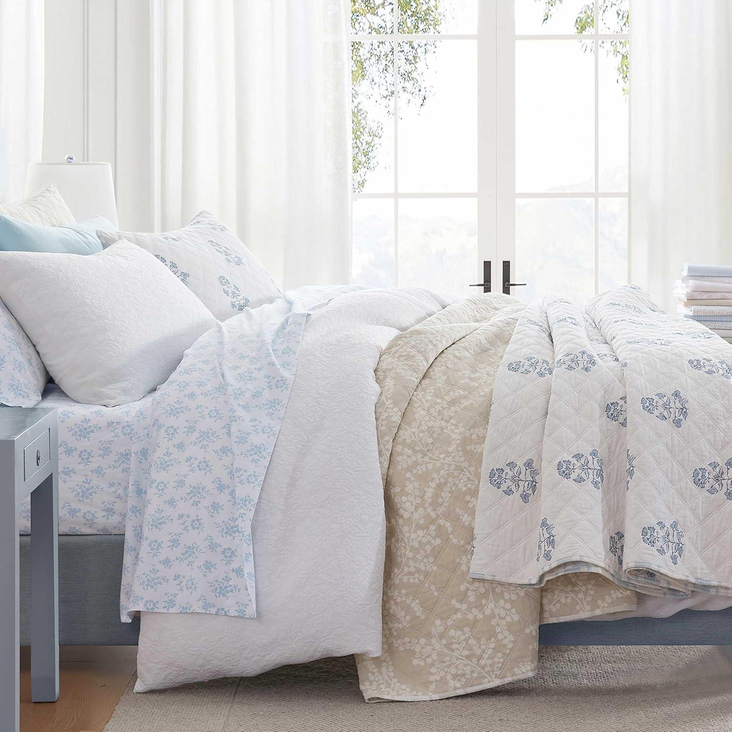 imageMartha Stewart Queen Quilt Set 100 Cotton Reversible Bedding Set Incredibly Soft Feel for Year Round Comfort 3 Piece Bed Set with Matching Pillowcases Flower Block Print BlueFlower Block Blue