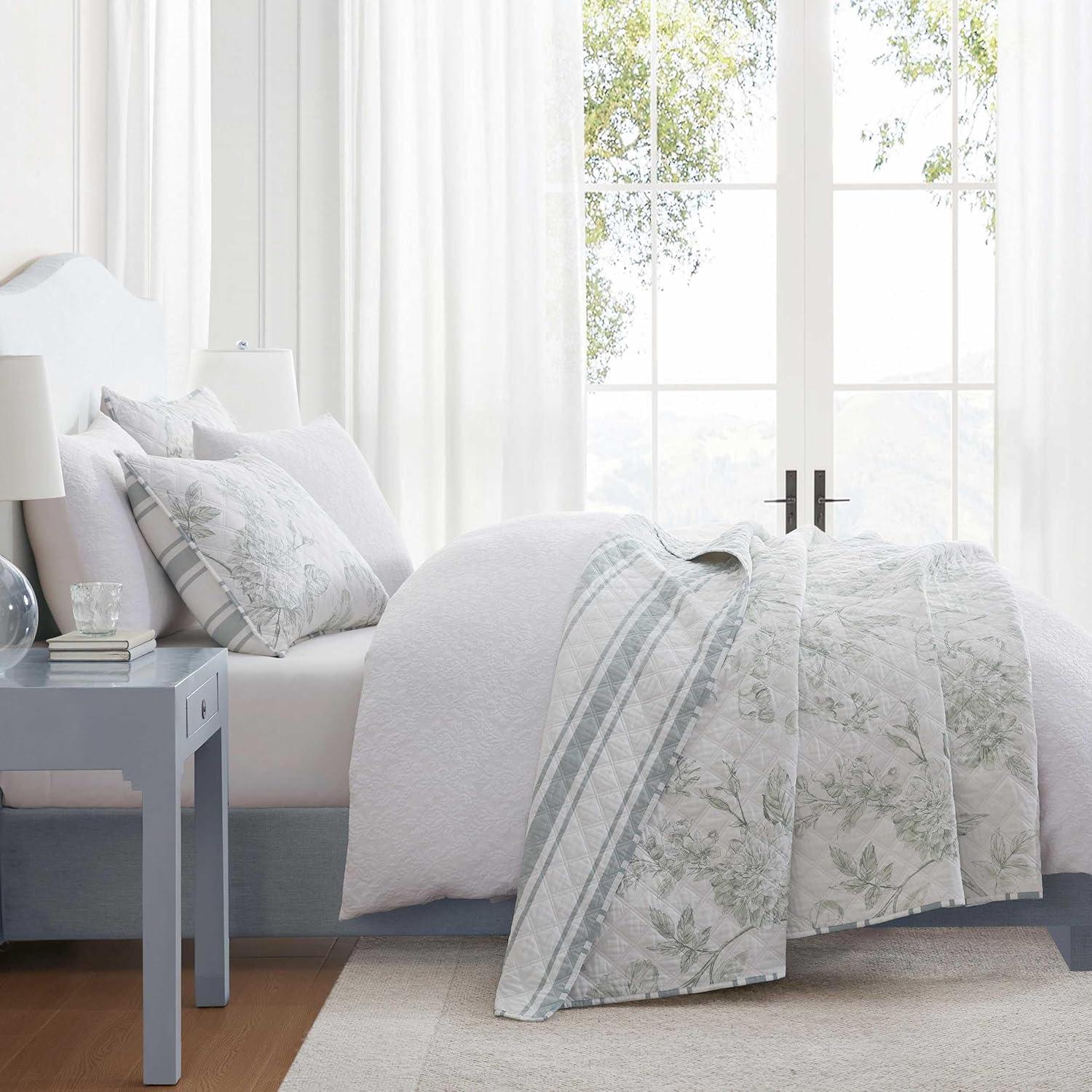 imageMartha Stewart Queen Quilt Set 100 Cotton Reversible Bedding Set Incredibly Soft Feel for Year Round Comfort 3 Piece Bed Set with Matching Pillowcases Flower Block Print BlueVine Flora Green