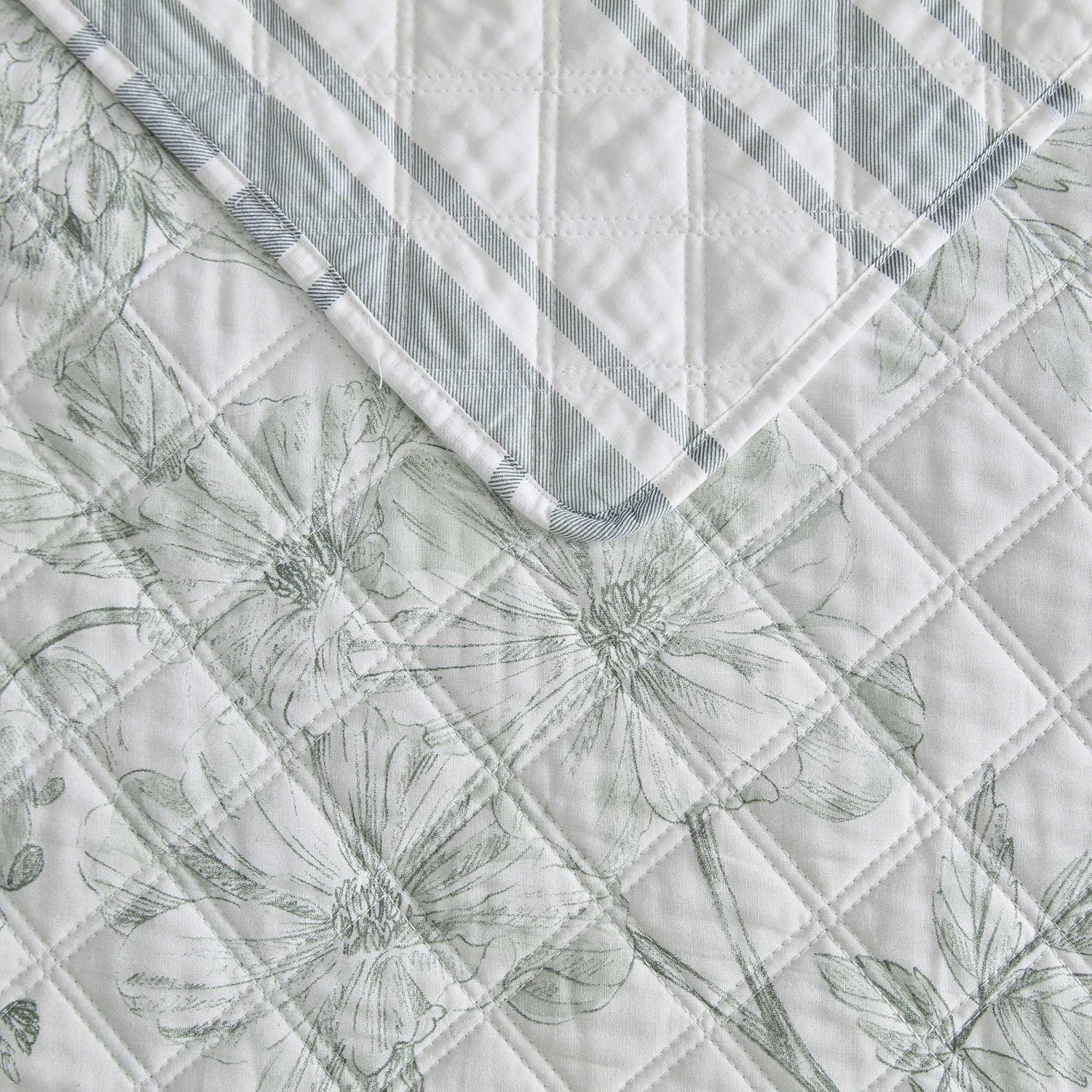 imageMartha Stewart Queen Quilt Set 100 Cotton Reversible Bedding Set Incredibly Soft Feel for Year Round Comfort 3 Piece Bed Set with Matching Pillowcases Flower Block Print BlueVine Flora Green