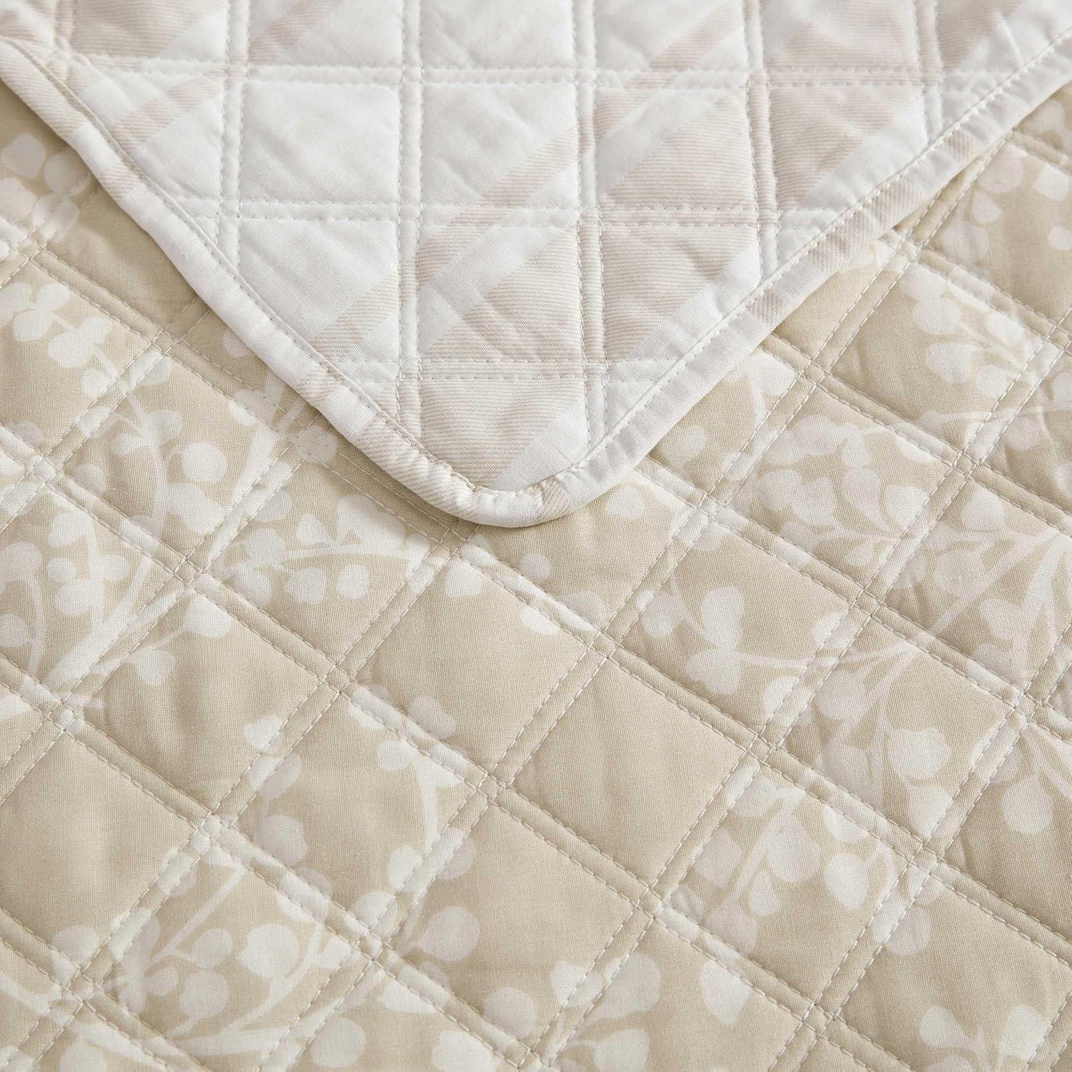 imageMartha Stewart Queen Quilt Set 100 Cotton Reversible Bedding Set Incredibly Soft Feel for Year Round Comfort 3 Piece Bed Set with Matching Pillowcases Flower Block Print BlueLayered Branches Beige