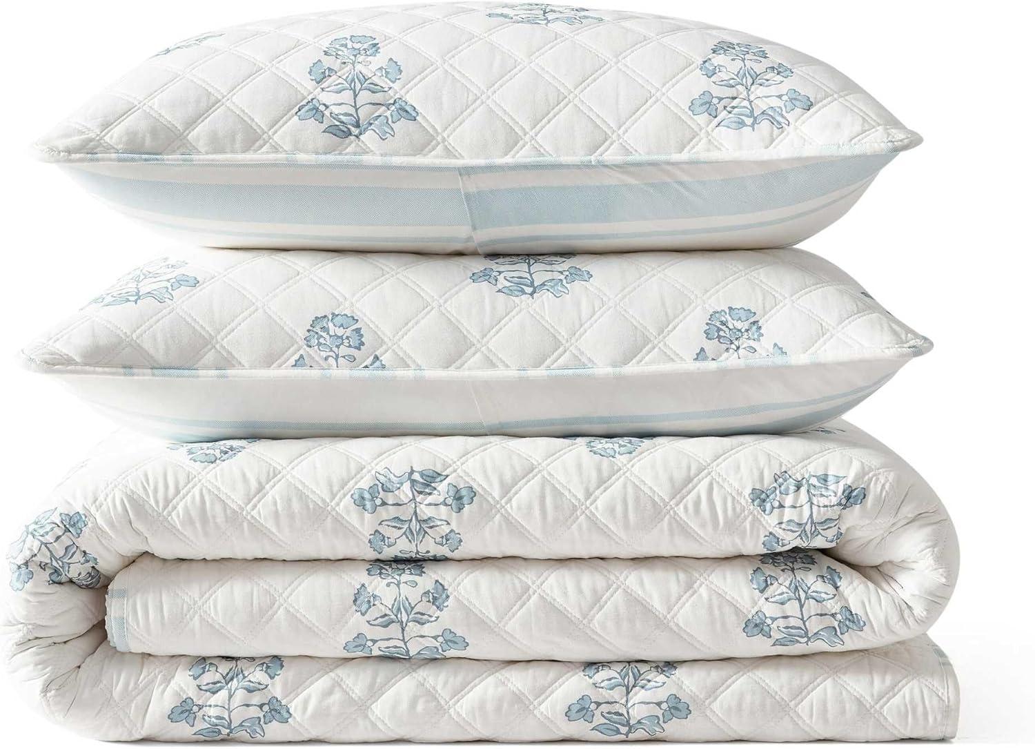 imageMartha Stewart Queen Quilt Set 100 Cotton Reversible Bedding Set Incredibly Soft Feel for Year Round Comfort 3 Piece Bed Set with Matching Pillowcases Flower Block Print BlueFlower Block Blue