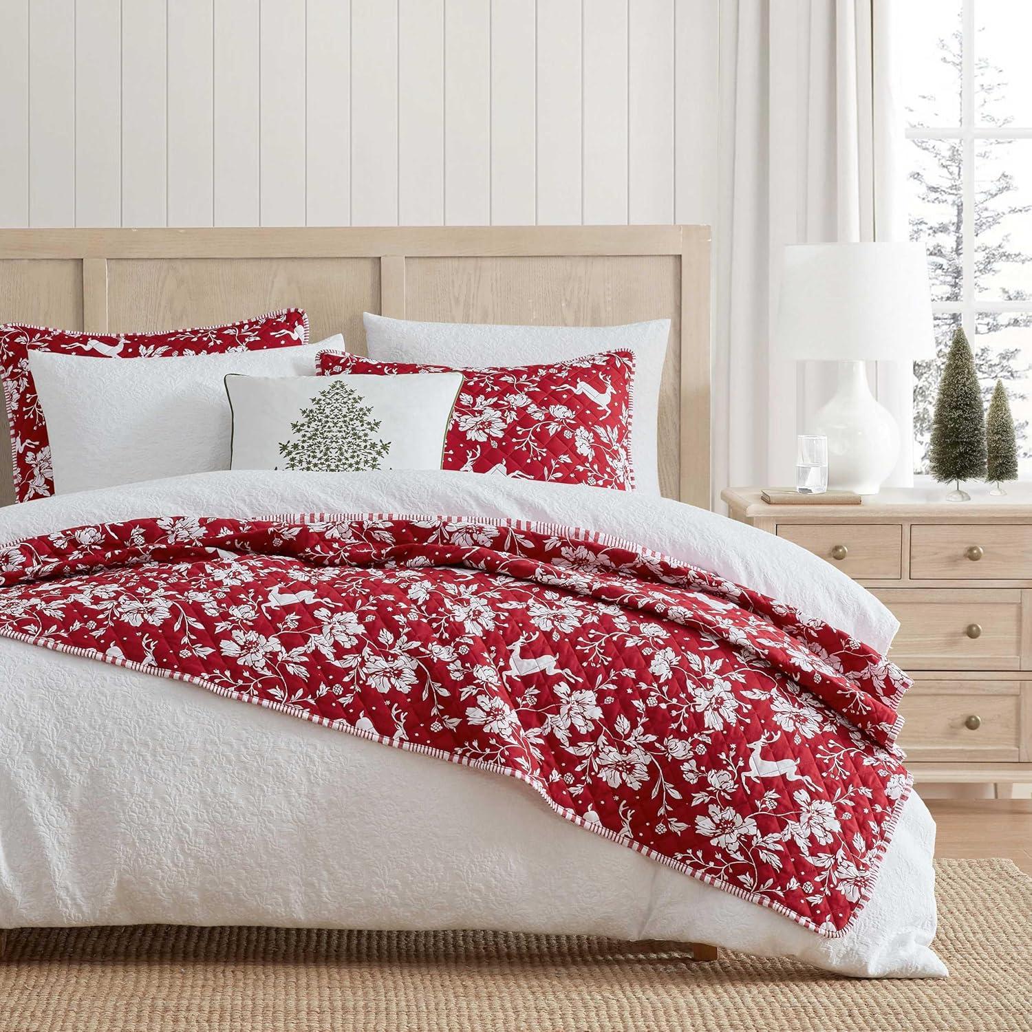imageMartha Stewart Queen Quilt Set Classic Quilted Bedding Lightweight Incredibly Soft ampamp Wrinkle Resistant Quilt with Matching Pillowcases 3 Piece Bed Set Dancing Deer RedDancing Deer Red