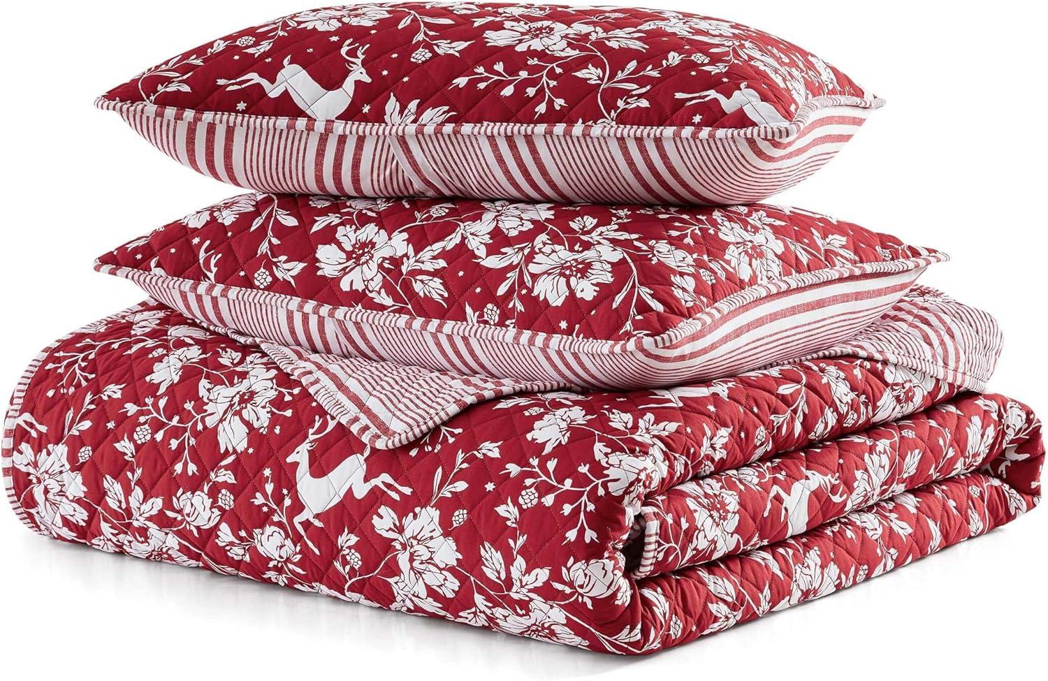 imageMartha Stewart Queen Quilt Set Classic Quilted Bedding Lightweight Incredibly Soft ampamp Wrinkle Resistant Quilt with Matching Pillowcases 3 Piece Bed Set Dancing Deer RedDancing Deer Red