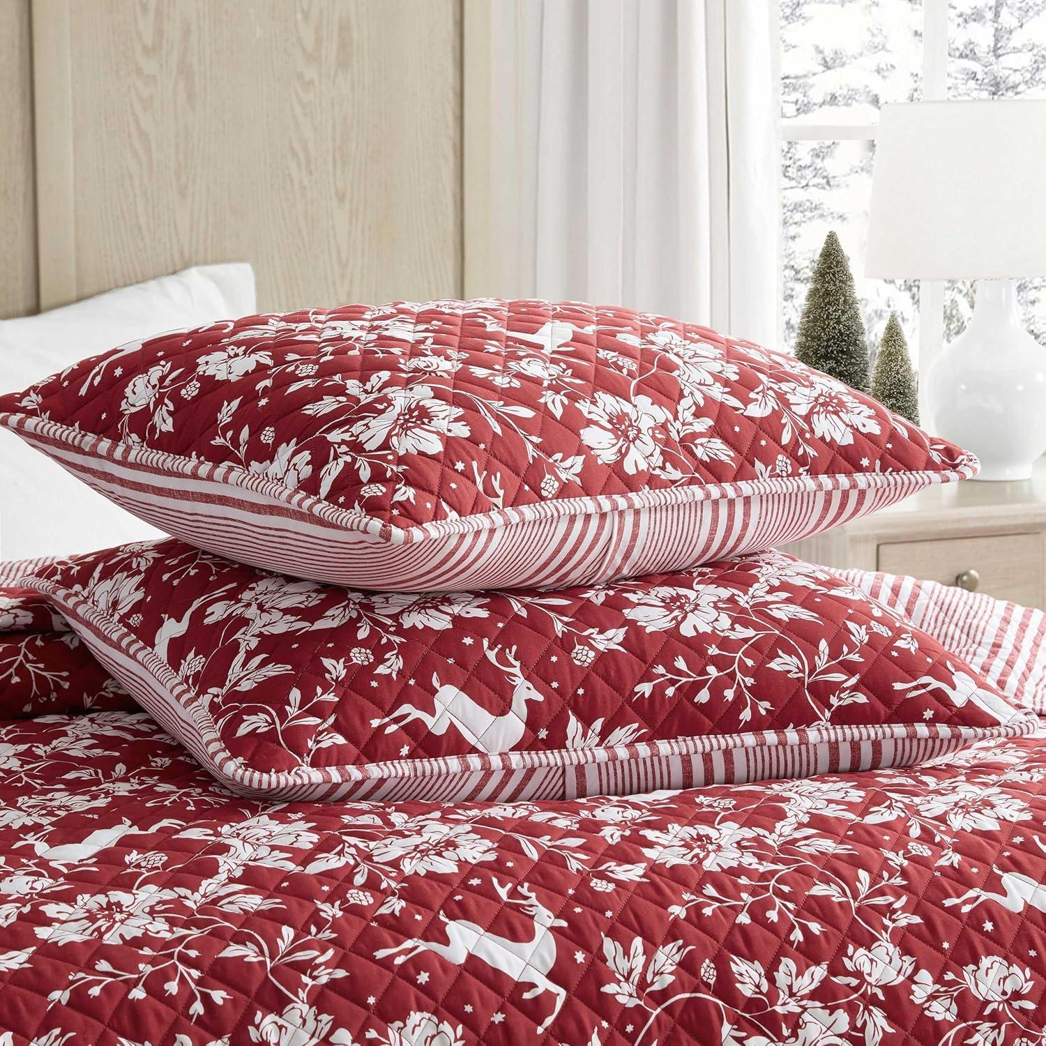 imageMartha Stewart Queen Quilt Set Classic Quilted Bedding Lightweight Incredibly Soft ampamp Wrinkle Resistant Quilt with Matching Pillowcases 3 Piece Bed Set Dancing Deer RedDancing Deer Red