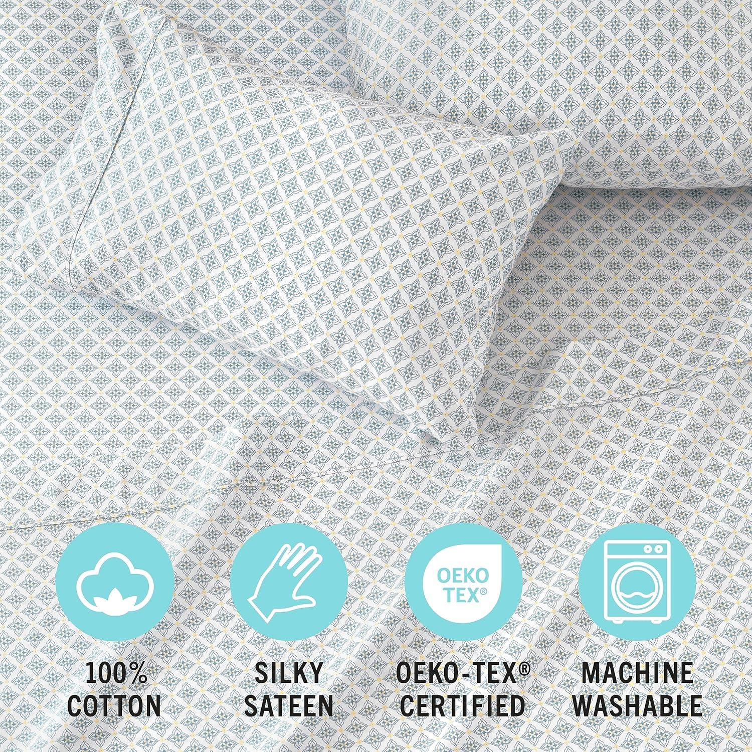 imageMartha Stewart 100 Cotton Queen Sheets Set 4 Piece Soft Smooth Durable Easy Care 16quot Deep Pocket Sheets Bedding Sheets Sateen Sheets 1 Flat 1 Fitted 2 Pillowcases Dorm Essential YellowOtto Geometric Light Blue