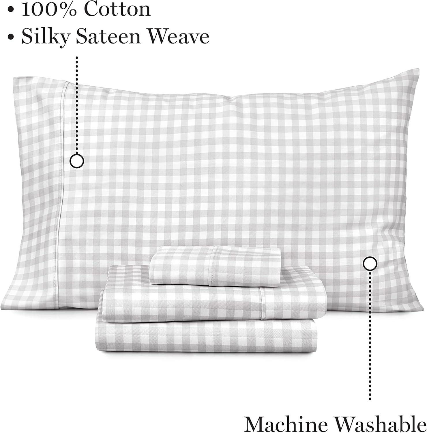 imageMartha Stewart 100 Cotton Queen Sheets Set 4 Piece Soft Smooth Durable Easy Care 16quot Deep Pocket Sheets Bedding Sheets Sateen Sheets 1 Flat 1 Fitted 2 Pillowcases Dorm Essential YellowGingham Light Gray