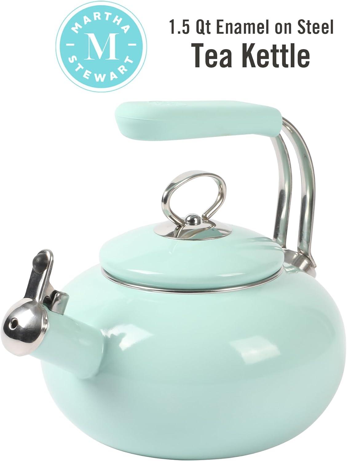 imageMartha Stewart 15Quart Enamel on Steel Carbon Steel Tea Kettle wStainless Steel Handle Martha Blue