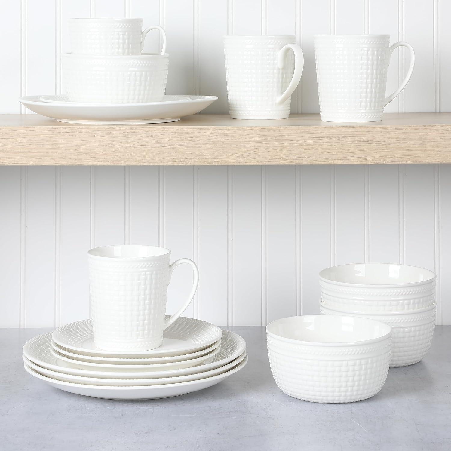 imageMartha Stewart 16 Piece Basket Weave New Bone China Embossed Porcelain Chip and Scratch Resistant Dinnerware SetWhite Basket Weave