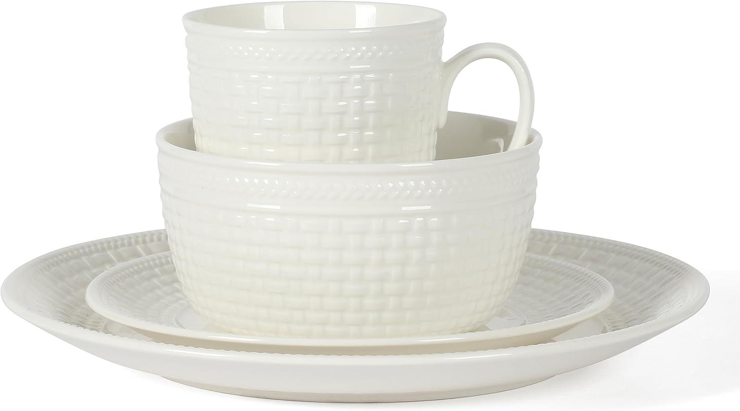 imageMartha Stewart 16 Piece Basket Weave New Bone China Embossed Porcelain Chip and Scratch Resistant Dinnerware SetWhite Basket Weave