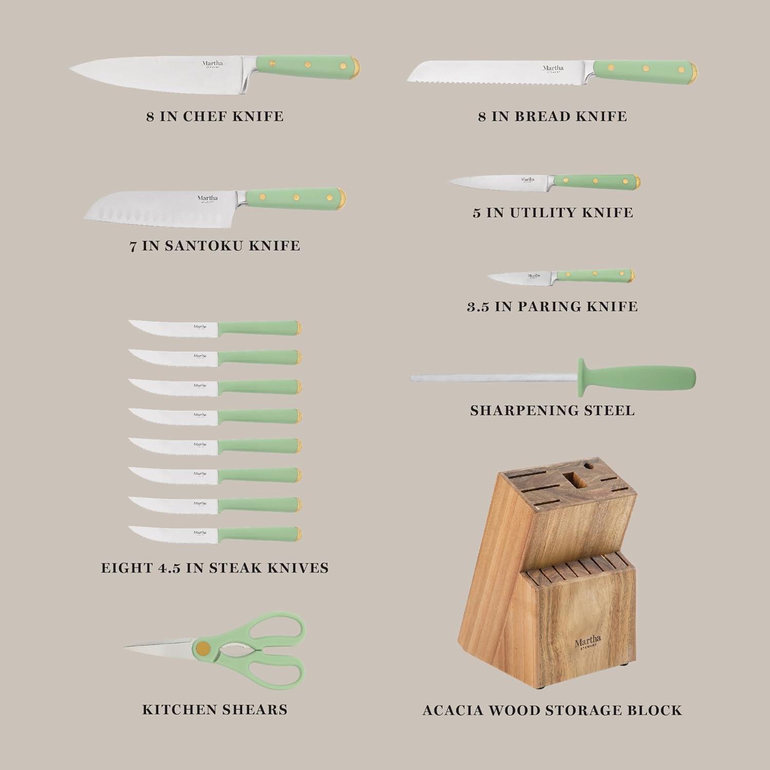 imageMartha Stewart 16 Piece Lockton High Carbon Stainless Steel Cutlery Kitchen Knife Block Set WABS Tripe Riveted Forged Handle Acacia Wood Block Linen White WGoldSage Green W Gold Knife Block