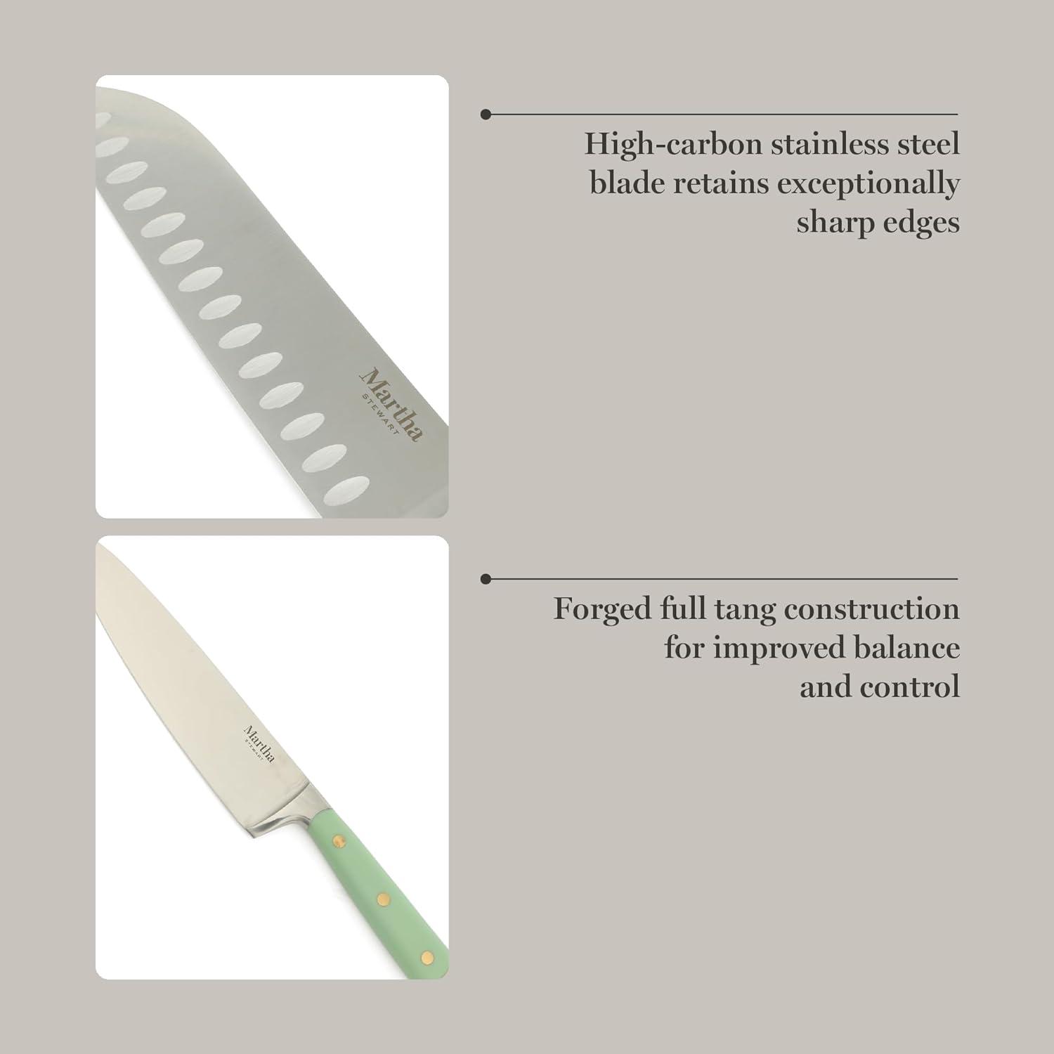 imageMartha Stewart 16 Piece Lockton High Carbon Stainless Steel Cutlery Kitchen Knife Block Set WABS Tripe Riveted Forged Handle Acacia Wood Block Linen White WGoldSage Green W Gold Knife Block