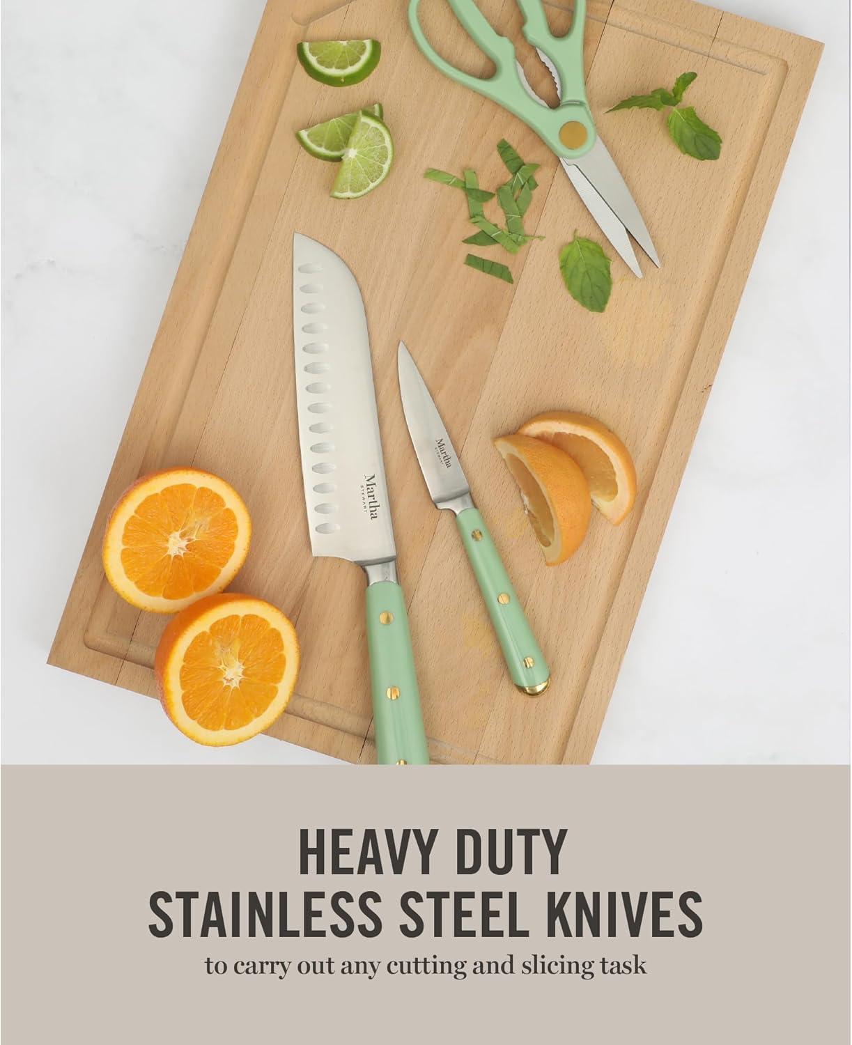 imageMartha Stewart 16 Piece Lockton High Carbon Stainless Steel Cutlery Kitchen Knife Block Set WABS Tripe Riveted Forged Handle Acacia Wood Block Linen White WGoldSage Green W Gold Knife Block