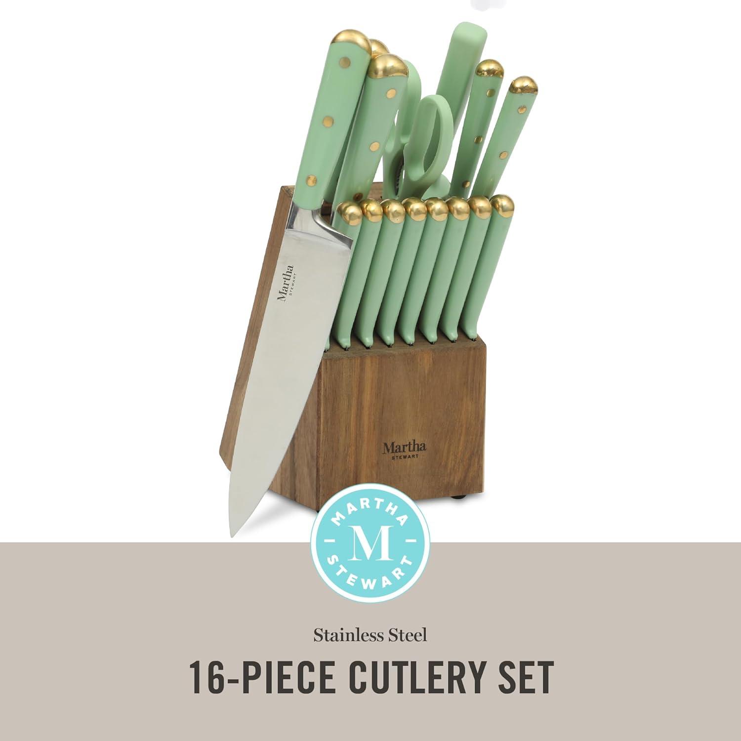 imageMartha Stewart 16 Piece Lockton High Carbon Stainless Steel Cutlery Kitchen Knife Block Set WABS Tripe Riveted Forged Handle Acacia Wood Block Linen White WGoldSage Green W Gold Knife Block