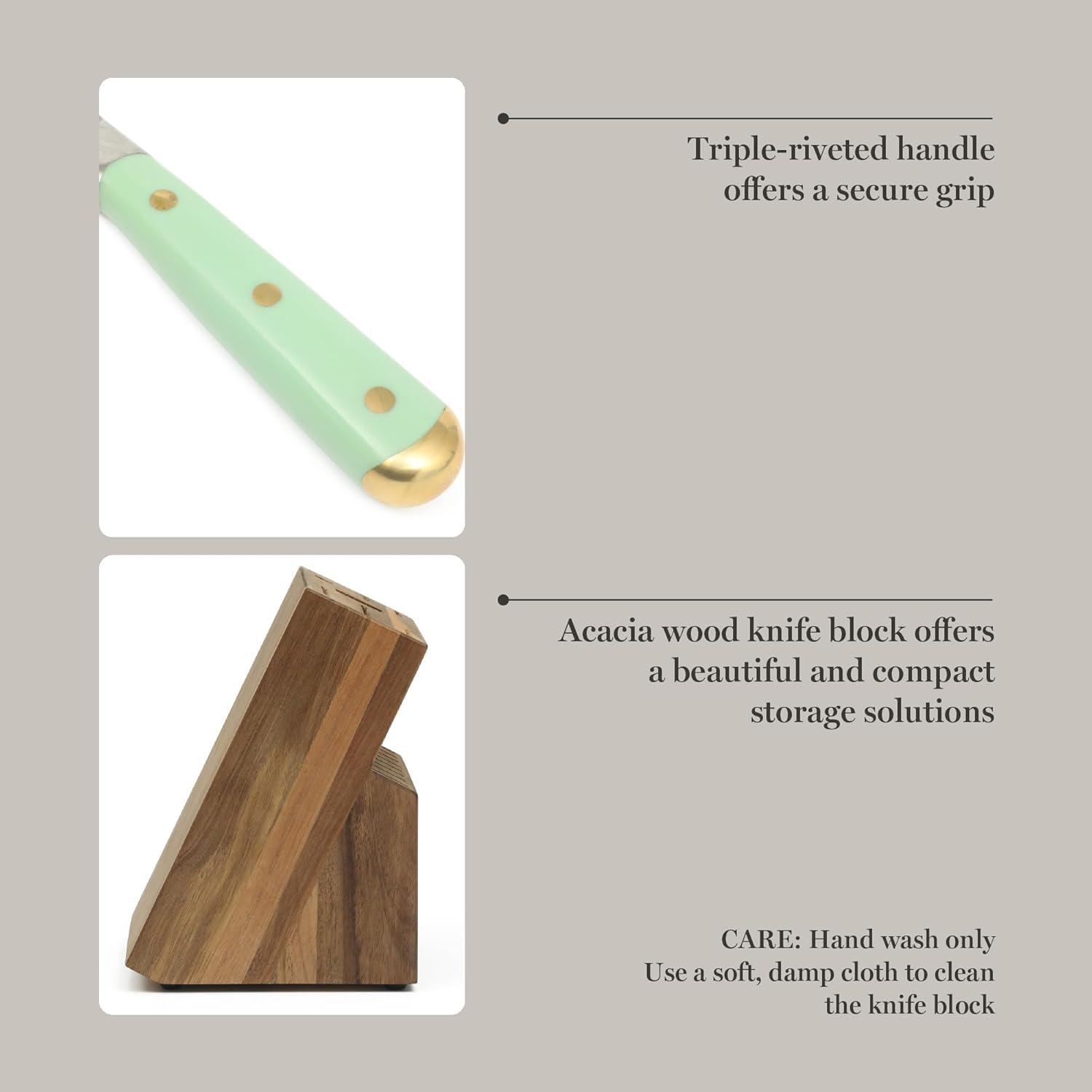 imageMartha Stewart 16 Piece Lockton High Carbon Stainless Steel Cutlery Kitchen Knife Block Set WABS Tripe Riveted Forged Handle Acacia Wood Block Linen White WGoldSage Green W Gold Knife Block