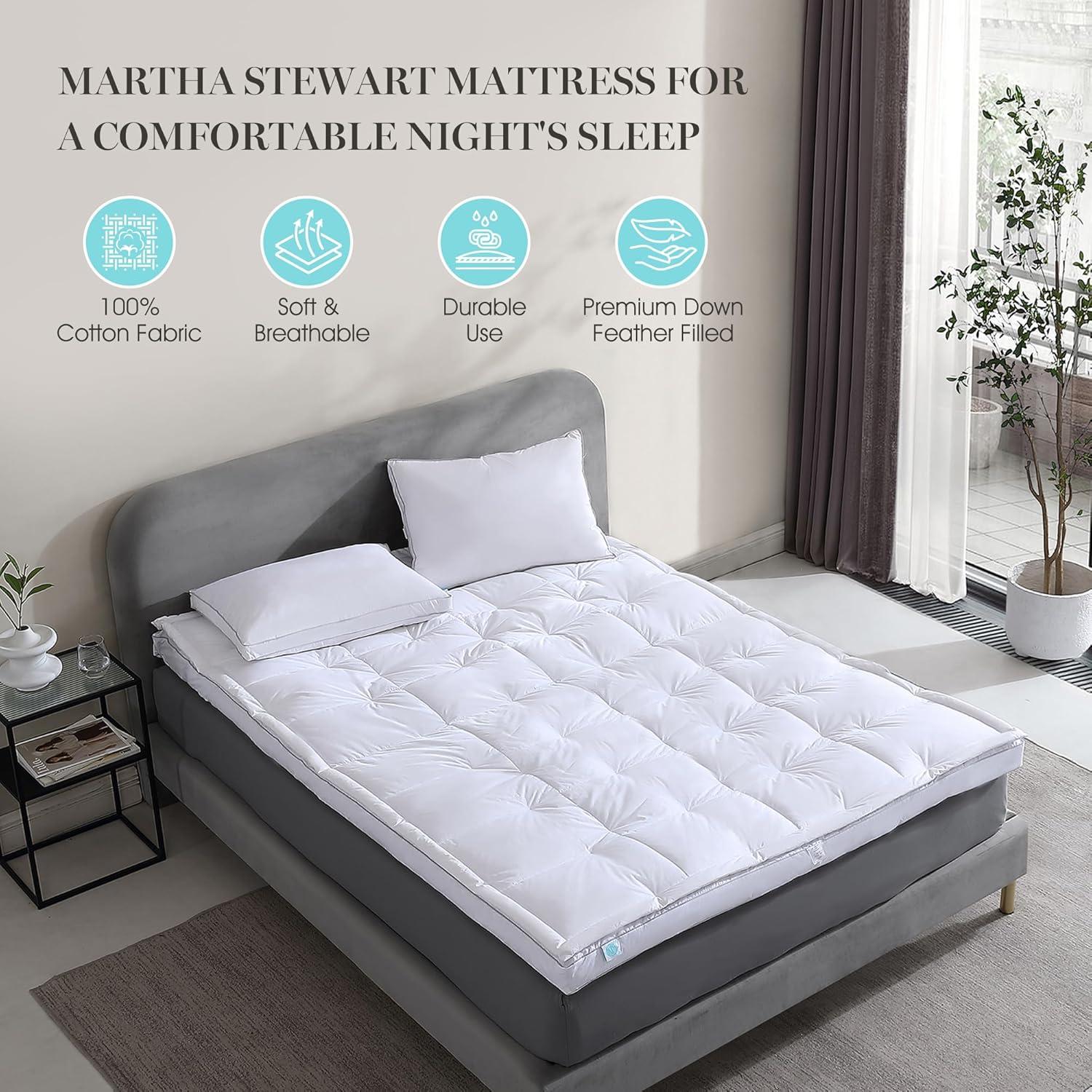 imageMartha Stewart 3 Inch White Down Feather Mattress Topper Queen Size Fluffy White Feather Bed Topper 100 Cotton Cover Fabric Ultra Soft Pillow Top Featherbed for Bedroom60quot x 80quotKing