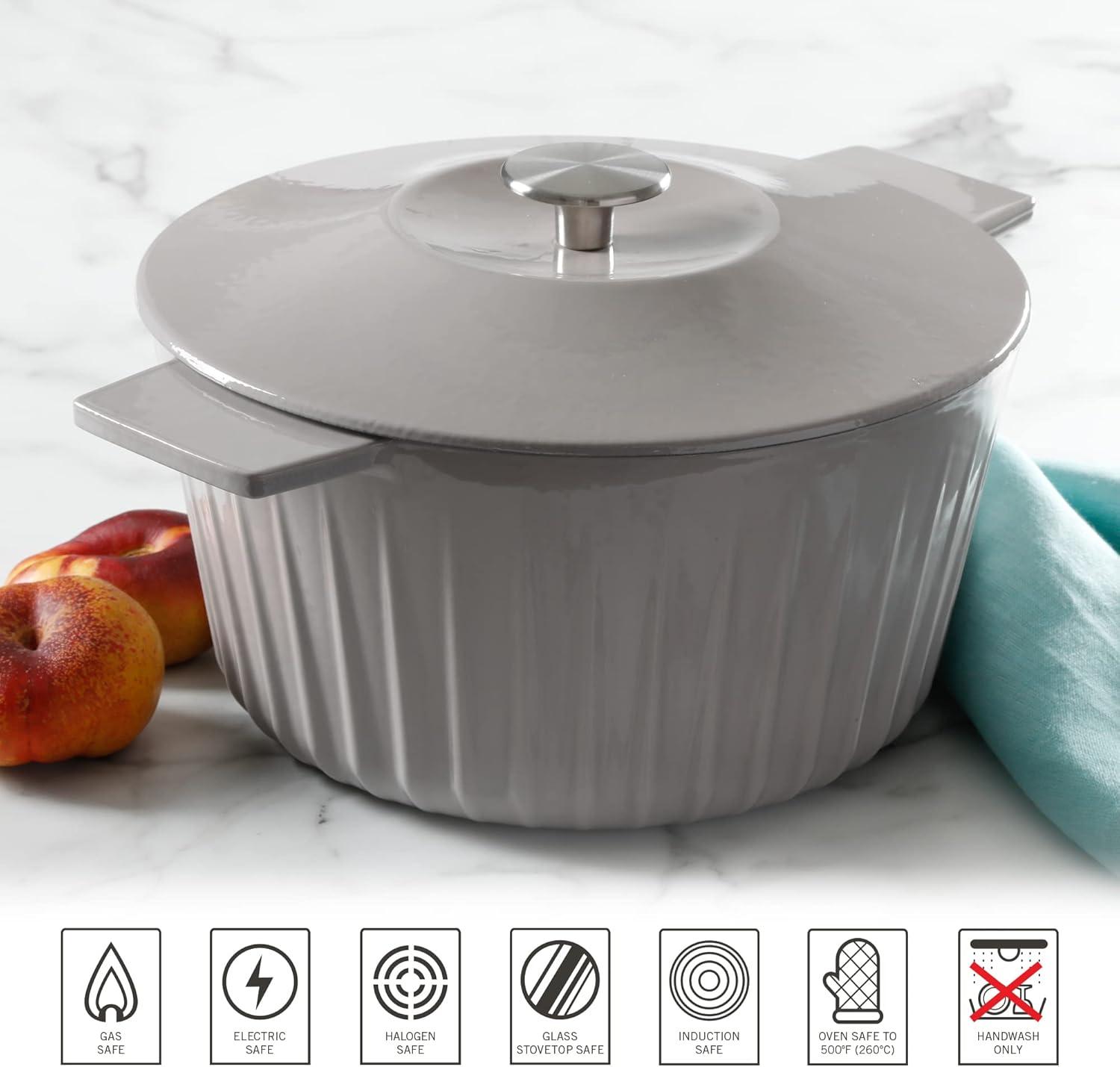 imageMartha Stewart 35Quart Enameled Cast Iron Dutch Oven Braiser Linen wGold KnobGrey