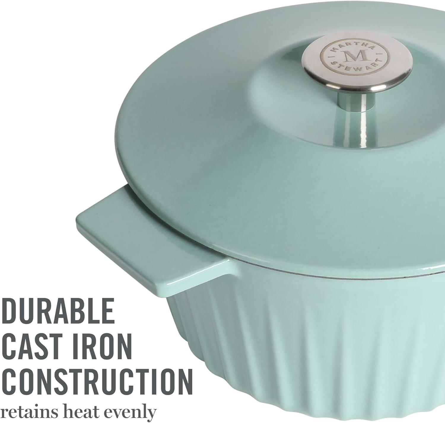 imageMartha Stewart 35Quart Enameled Cast Iron Dutch Oven Braiser Linen wGold KnobMartha Blue