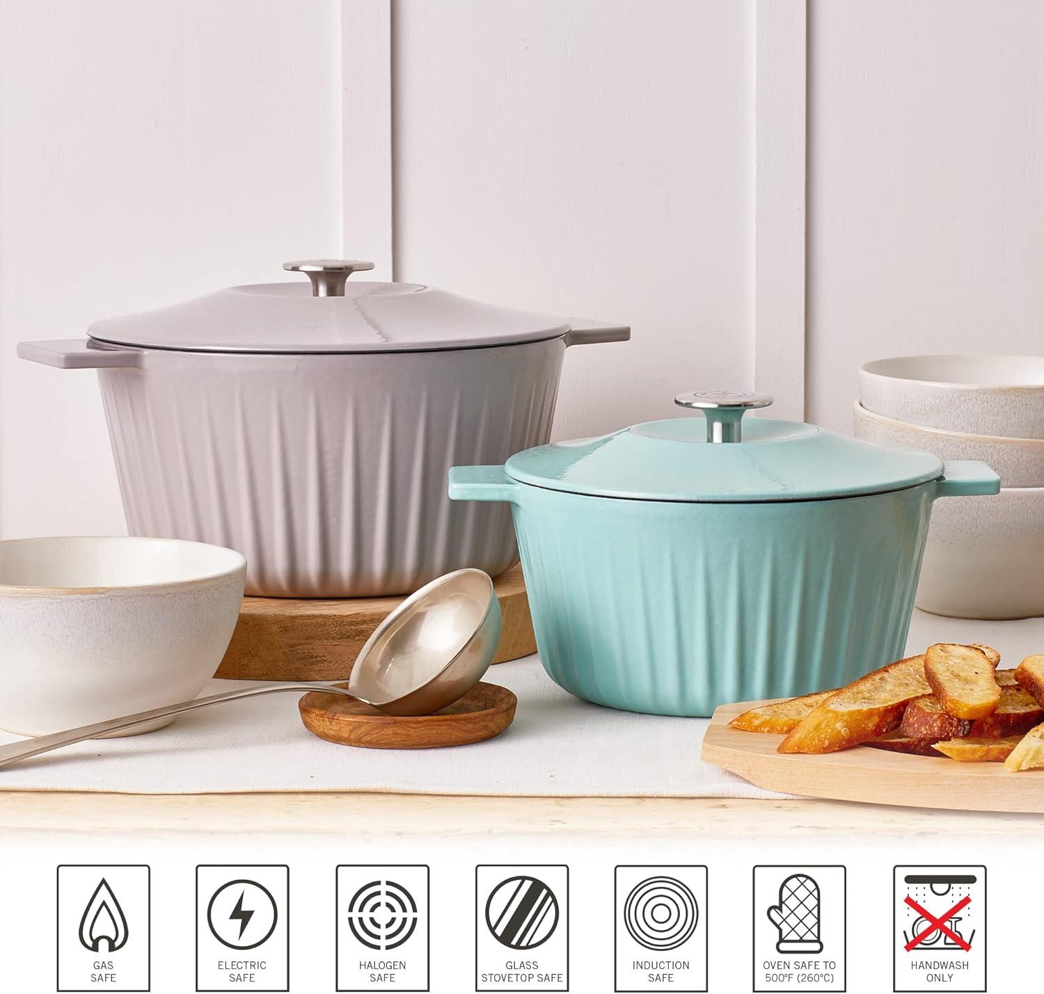 imageMartha Stewart 35Quart Enameled Cast Iron Dutch Oven Braiser Linen wGold KnobMartha Blue