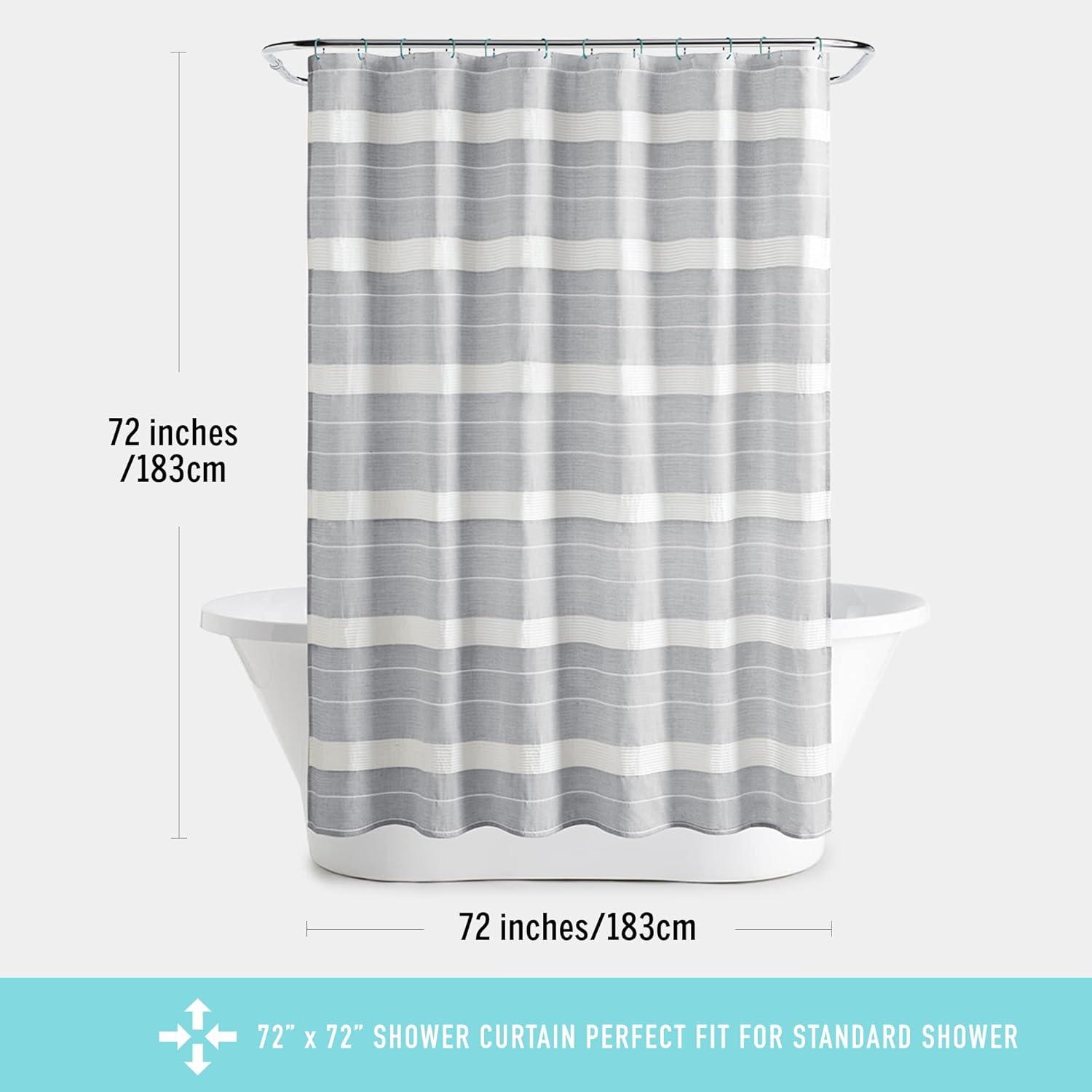 imageMartha Stewart Adrien Farmhouse Shower Curtain Neutral Color Striped Design with Pleated Accent Soft Woven Fabric Shower Curtain Boho Modern Bathroom Dcor Machine Washable 72quot x 72quot DenimCharcoal