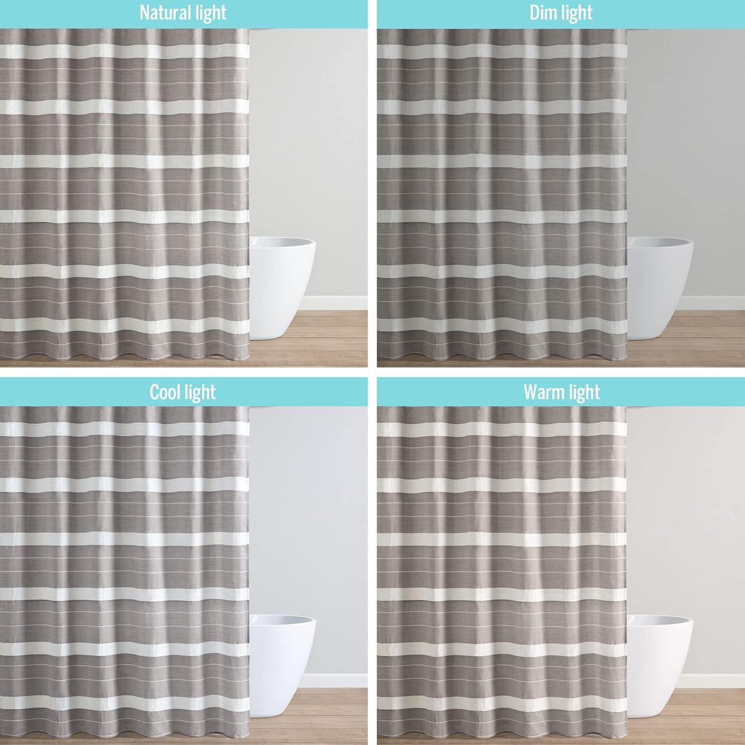 imageMartha Stewart Adrien Farmhouse Shower Curtain Neutral Color Striped Design with Pleated Accent Soft Woven Fabric Shower Curtain Boho Modern Bathroom Dcor Machine Washable 72quot x 72quot DenimLinen