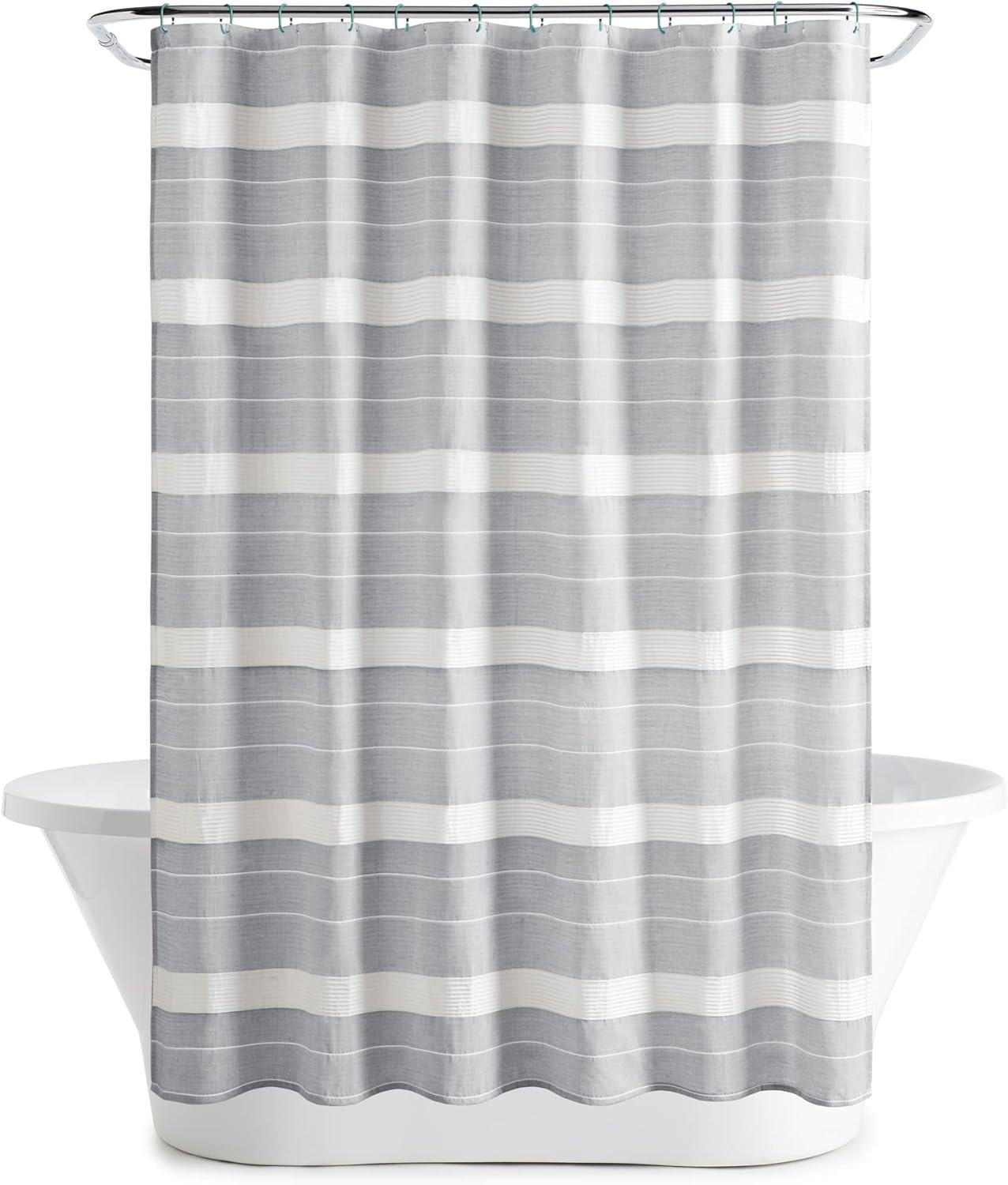 imageMartha Stewart Adrien Farmhouse Shower Curtain Neutral Color Striped Design with Pleated Accent Soft Woven Fabric Shower Curtain Boho Modern Bathroom Dcor Machine Washable 72quot x 72quot DenimCharcoal