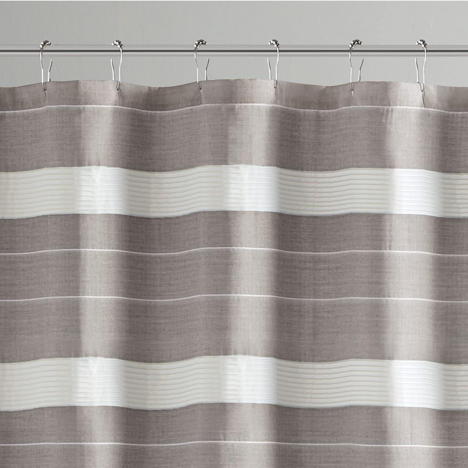 imageMartha Stewart Adrien Farmhouse Shower Curtain Neutral Color Striped Design with Pleated Accent Soft Woven Fabric Shower Curtain Boho Modern Bathroom Dcor Machine Washable 72quot x 72quot DenimLinen