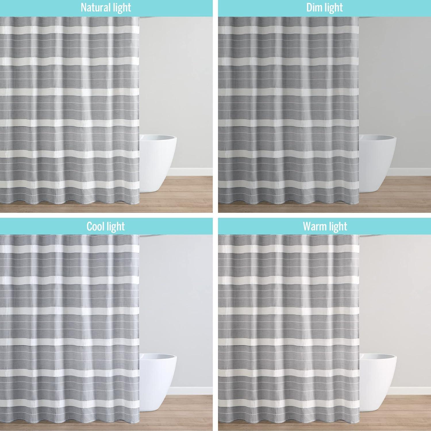 imageMartha Stewart Adrien Farmhouse Shower Curtain Neutral Color Striped Design with Pleated Accent Soft Woven Fabric Shower Curtain Boho Modern Bathroom Dcor Machine Washable 72quot x 72quot DenimCharcoal