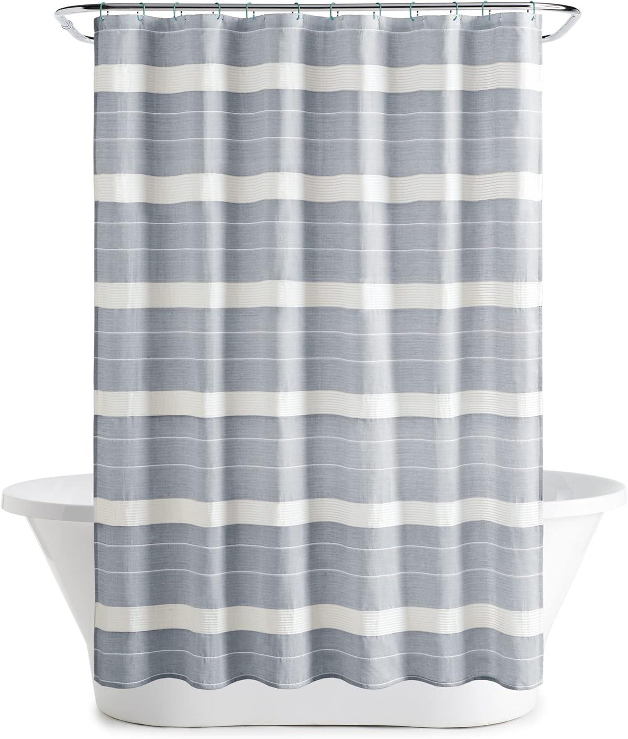 imageMartha Stewart Adrien Farmhouse Shower Curtain Neutral Color Striped Design with Pleated Accent Soft Woven Fabric Shower Curtain Boho Modern Bathroom Dcor Machine Washable 72quot x 72quot DenimDenim