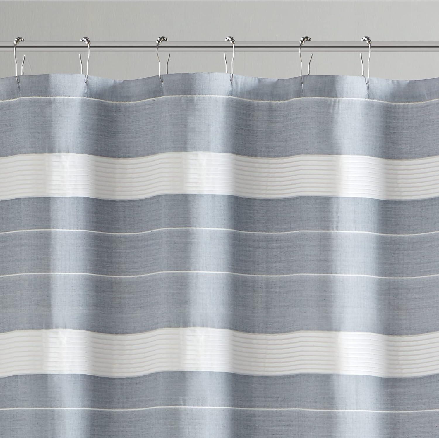 imageMartha Stewart Adrien Farmhouse Shower Curtain Neutral Color Striped Design with Pleated Accent Soft Woven Fabric Shower Curtain Boho Modern Bathroom Dcor Machine Washable 72quot x 72quot DenimDenim