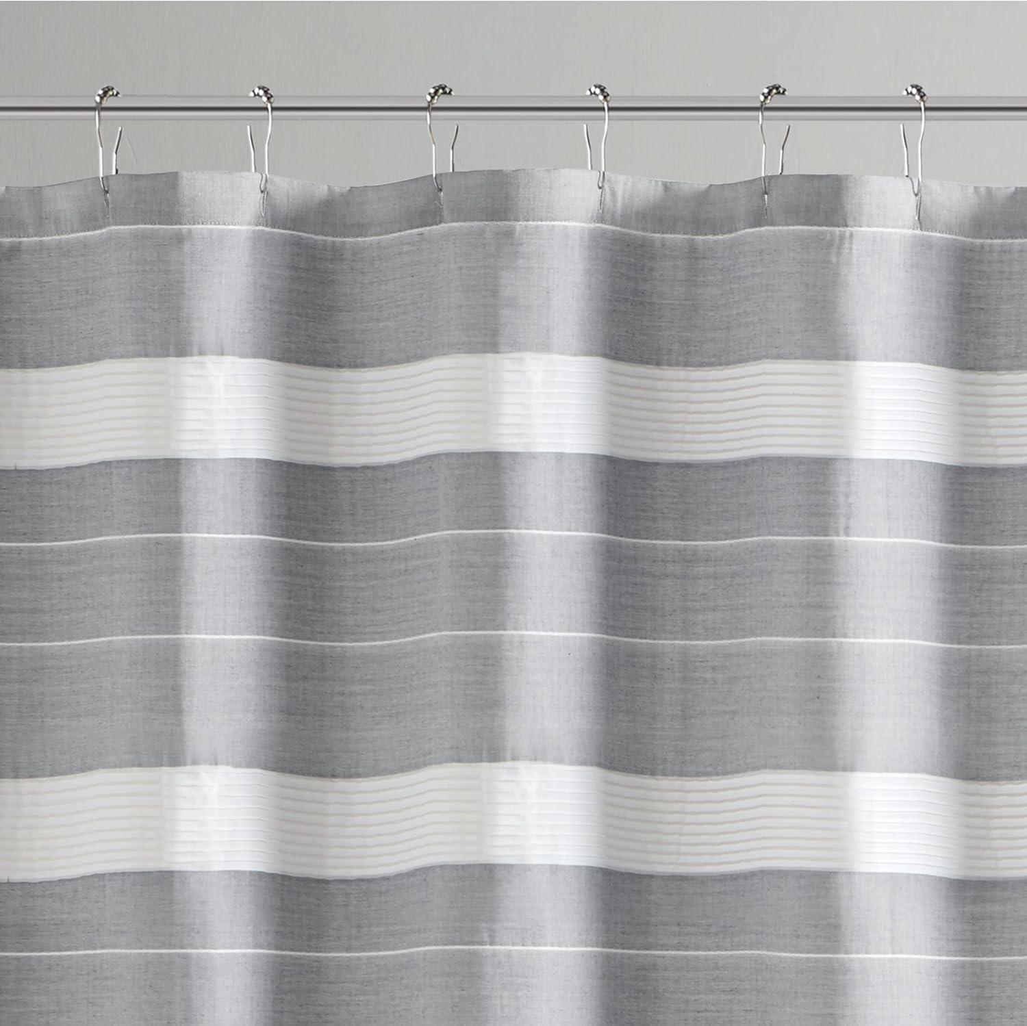 imageMartha Stewart Adrien Farmhouse Shower Curtain Neutral Color Striped Design with Pleated Accent Soft Woven Fabric Shower Curtain Boho Modern Bathroom Dcor Machine Washable 72quot x 72quot DenimCharcoal