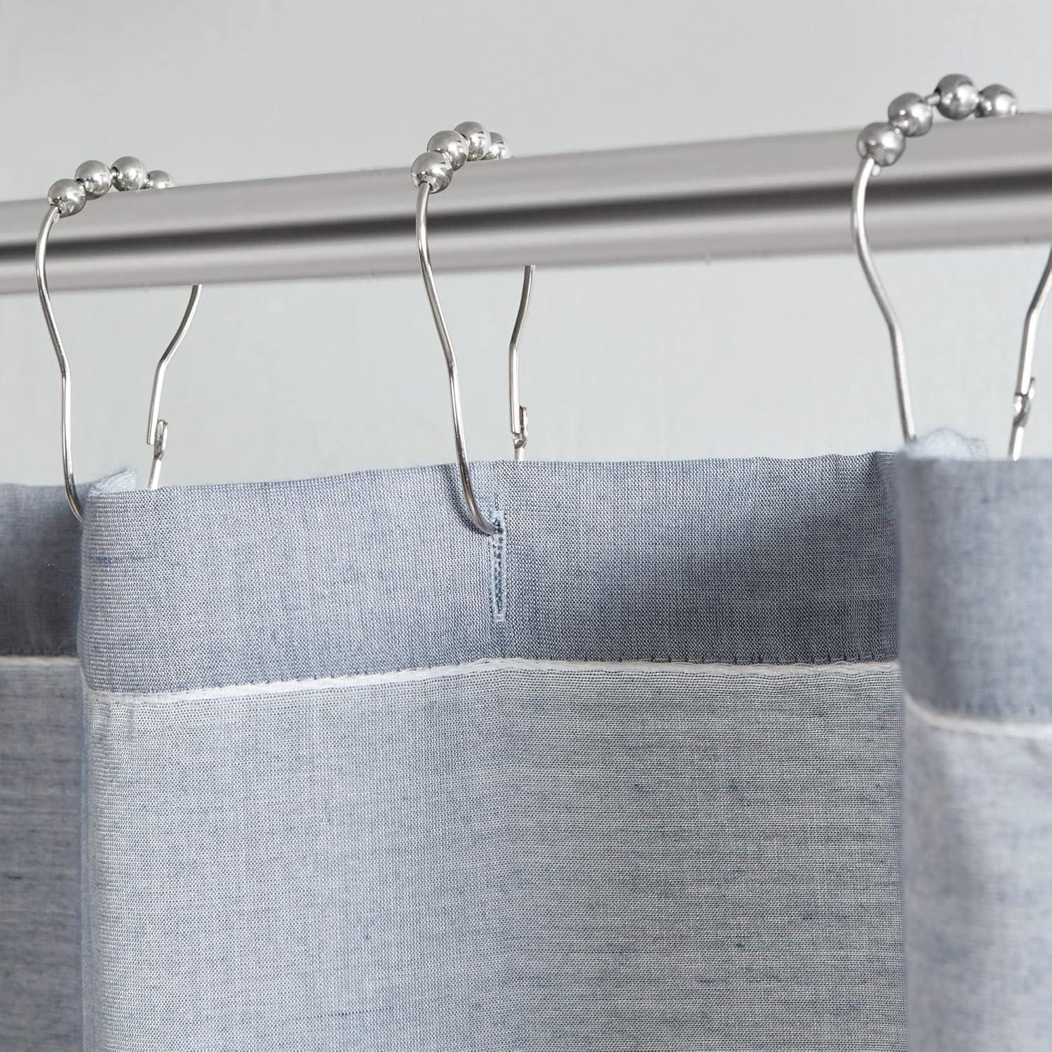 imageMartha Stewart Adrien Farmhouse Shower Curtain Neutral Color Striped Design with Pleated Accent Soft Woven Fabric Shower Curtain Boho Modern Bathroom Dcor Machine Washable 72quot x 72quot DenimDenim