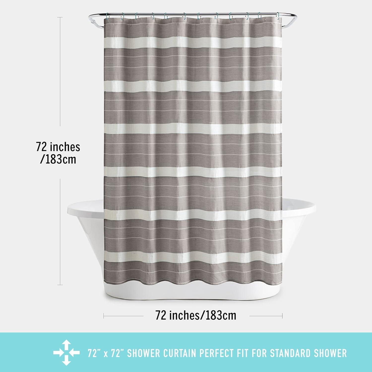 imageMartha Stewart Adrien Farmhouse Shower Curtain Neutral Color Striped Design with Pleated Accent Soft Woven Fabric Shower Curtain Boho Modern Bathroom Dcor Machine Washable 72quot x 72quot DenimLinen