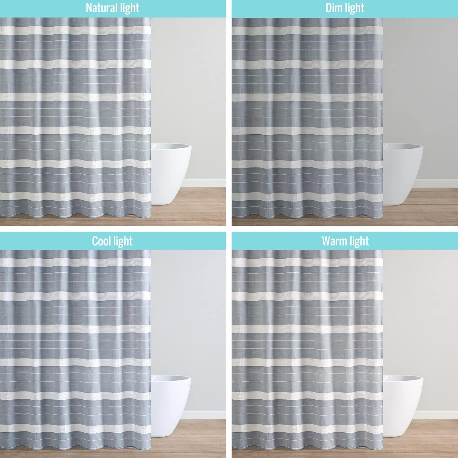 imageMartha Stewart Adrien Farmhouse Shower Curtain Neutral Color Striped Design with Pleated Accent Soft Woven Fabric Shower Curtain Boho Modern Bathroom Dcor Machine Washable 72quot x 72quot DenimDenim