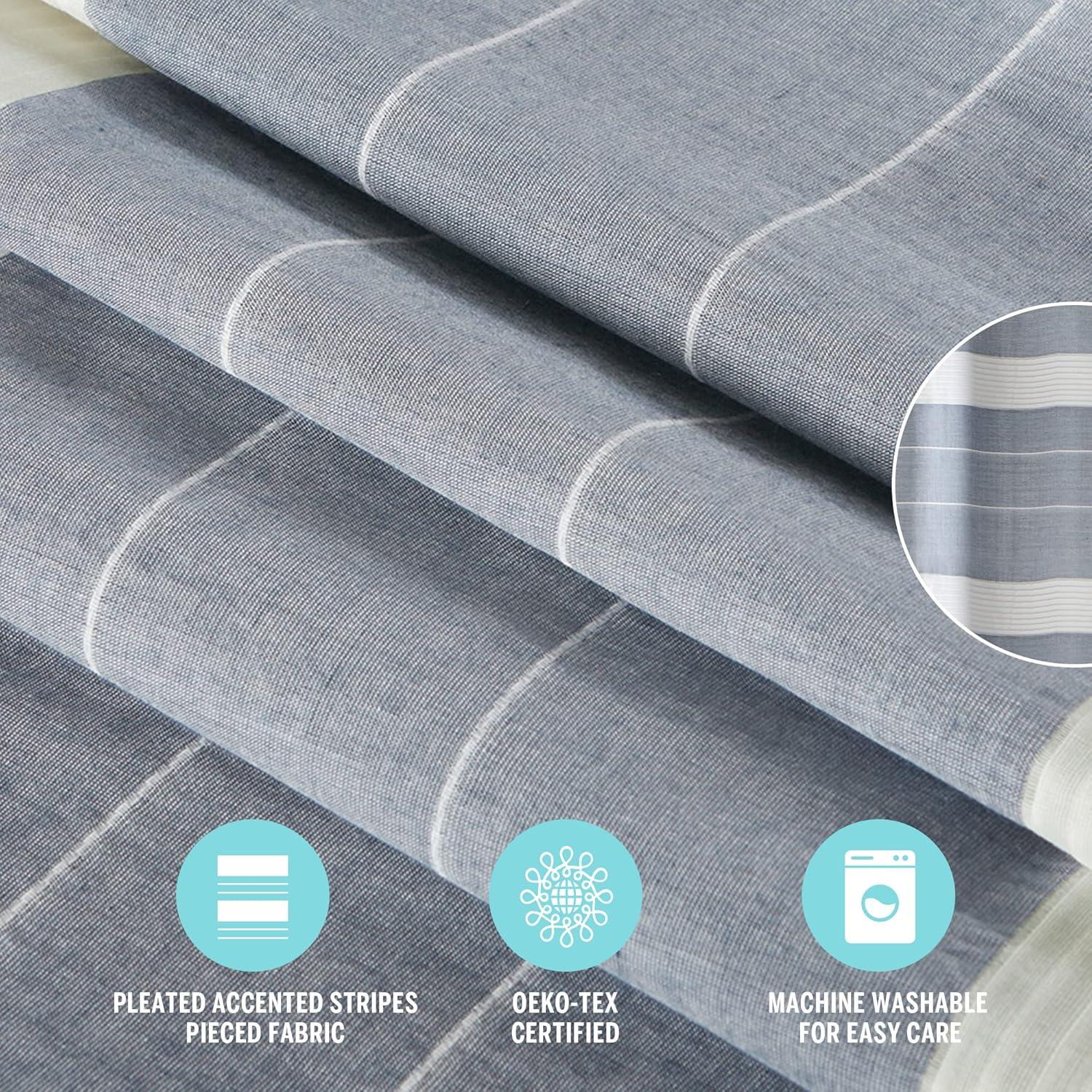 imageMartha Stewart Adrien Farmhouse Shower Curtain Neutral Color Striped Design with Pleated Accent Soft Woven Fabric Shower Curtain Boho Modern Bathroom Dcor Machine Washable 72quot x 72quot DenimDenim