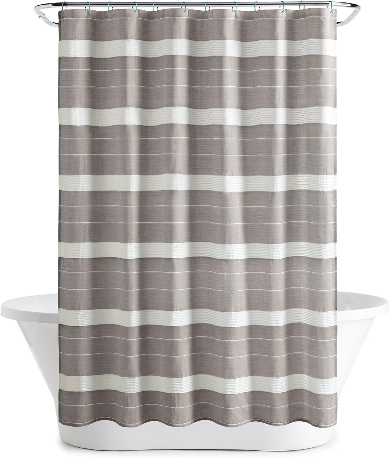 imageMartha Stewart Adrien Farmhouse Shower Curtain Neutral Color Striped Design with Pleated Accent Soft Woven Fabric Shower Curtain Boho Modern Bathroom Dcor Machine Washable 72quot x 72quot DenimLinen