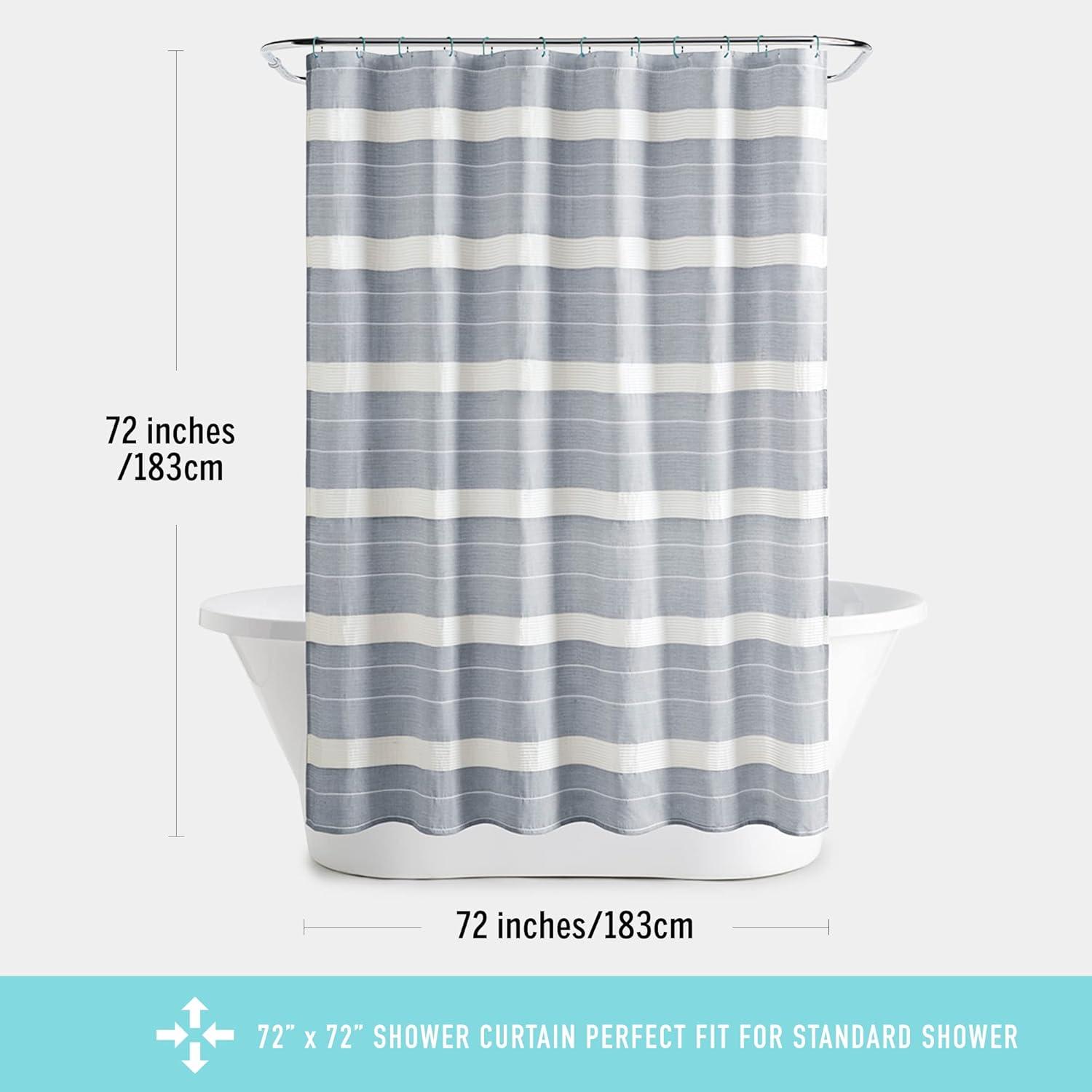 imageMartha Stewart Adrien Farmhouse Shower Curtain Neutral Color Striped Design with Pleated Accent Soft Woven Fabric Shower Curtain Boho Modern Bathroom Dcor Machine Washable 72quot x 72quot DenimDenim